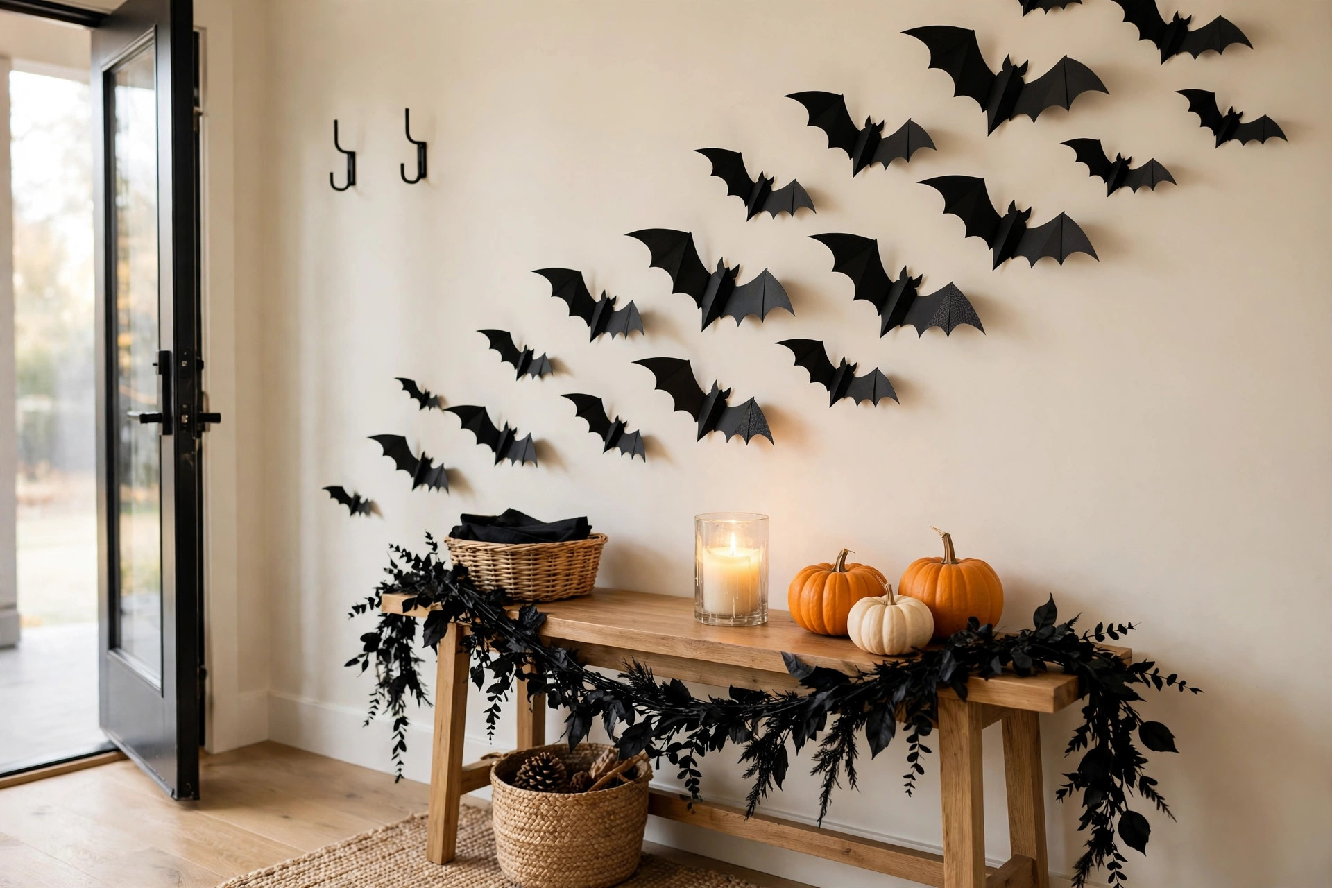 Chic Halloween entryway with black paper bats on the wall and a candlelit console table, wide horizontal 3:2 composition, no text or words in the image