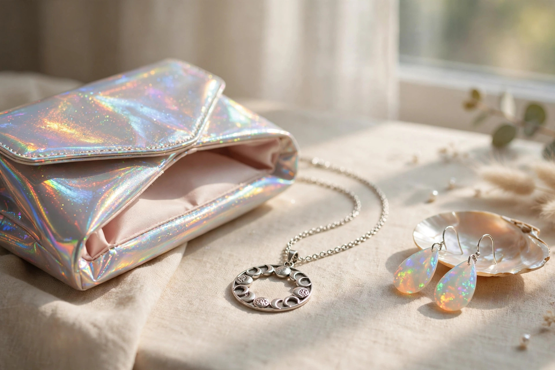 Close-up of opalescent accessories on a vanity table: holographic clutch, moon-phase pendant necklace and iridescent earrings in soft window light, wide horizontal 3:2 composition, no text or words in the image