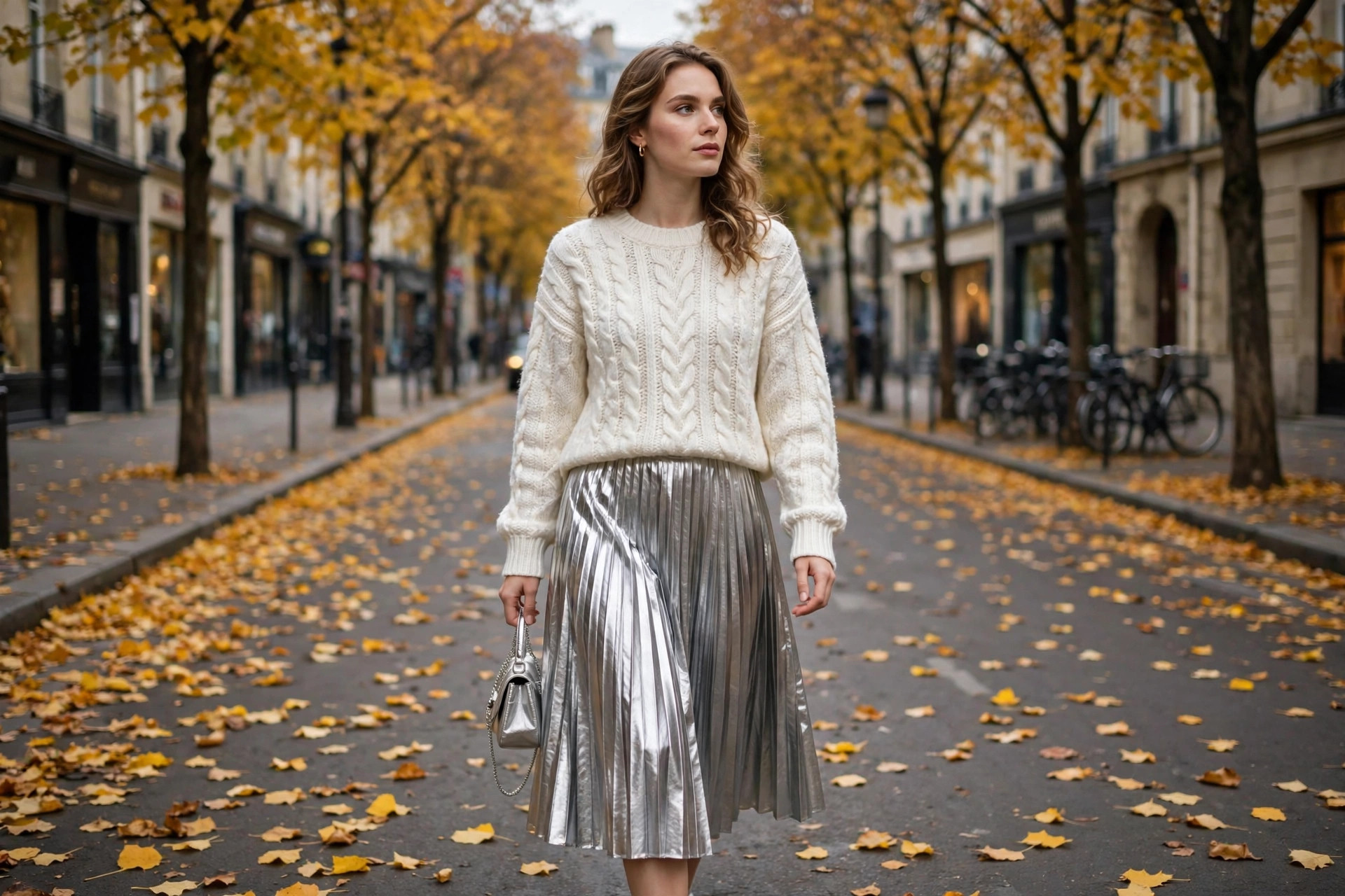 Woman on an autumn street wearing a metallic silver pleated midi skirt with a pearl-white knit jumper and small silver handbag, golden leaves on the pavement, wide horizontal 3:2 composition, no text or words in the image