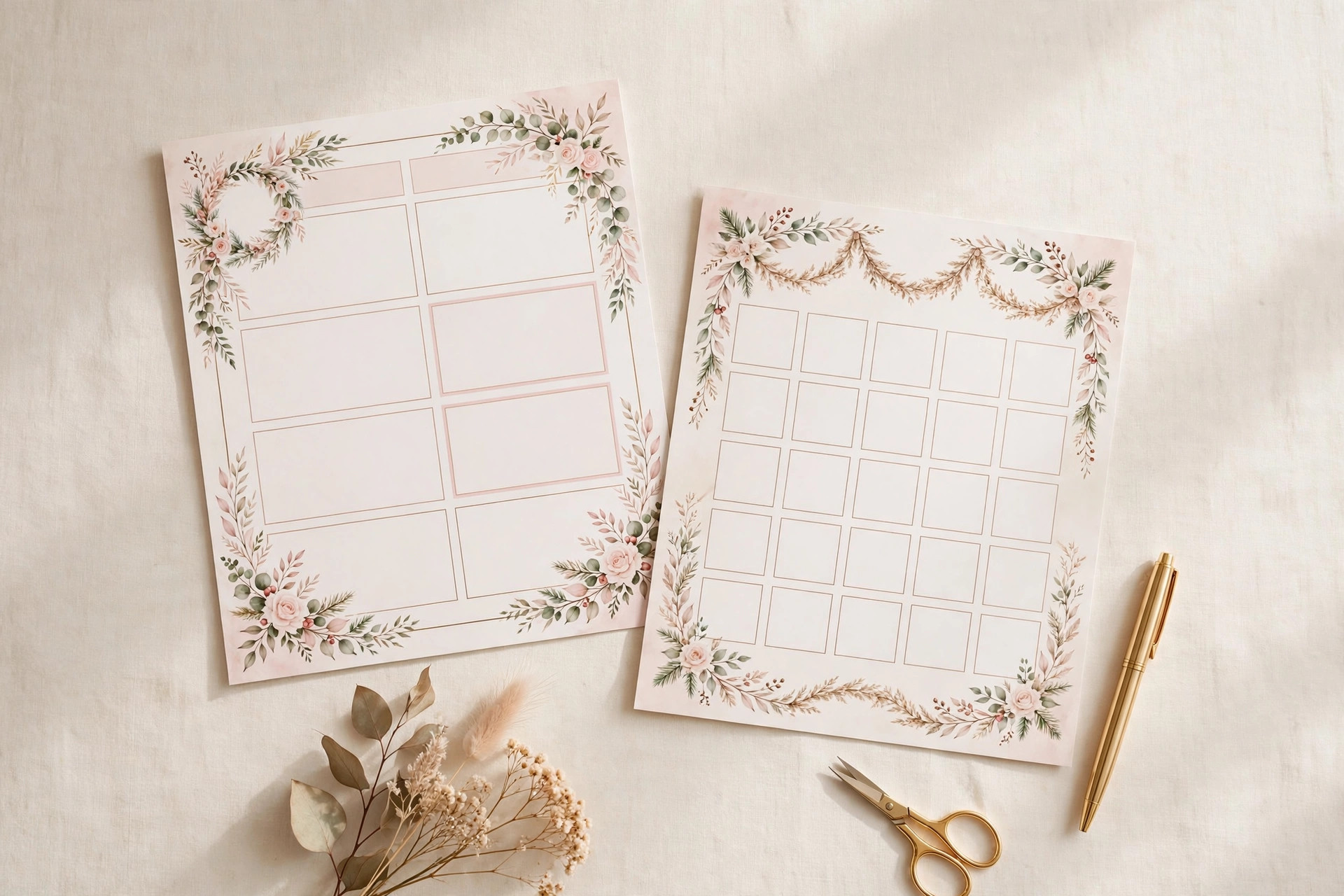 Printable Christmas planner and calendar sheets in blush pink on a desk