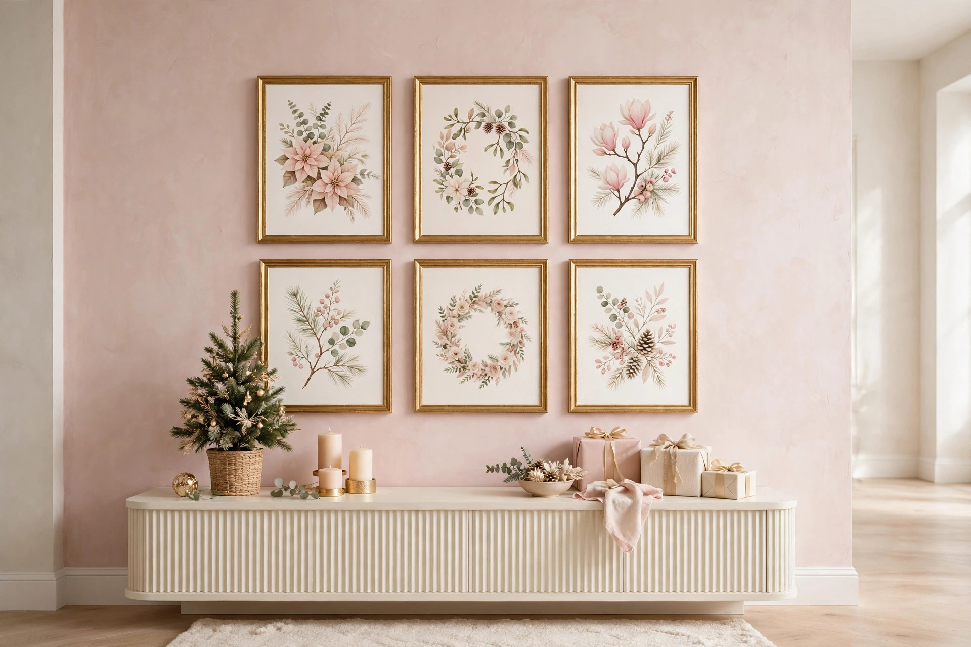 Framed Christmas wall art prints in blush pink and cream tones on a gallery wall