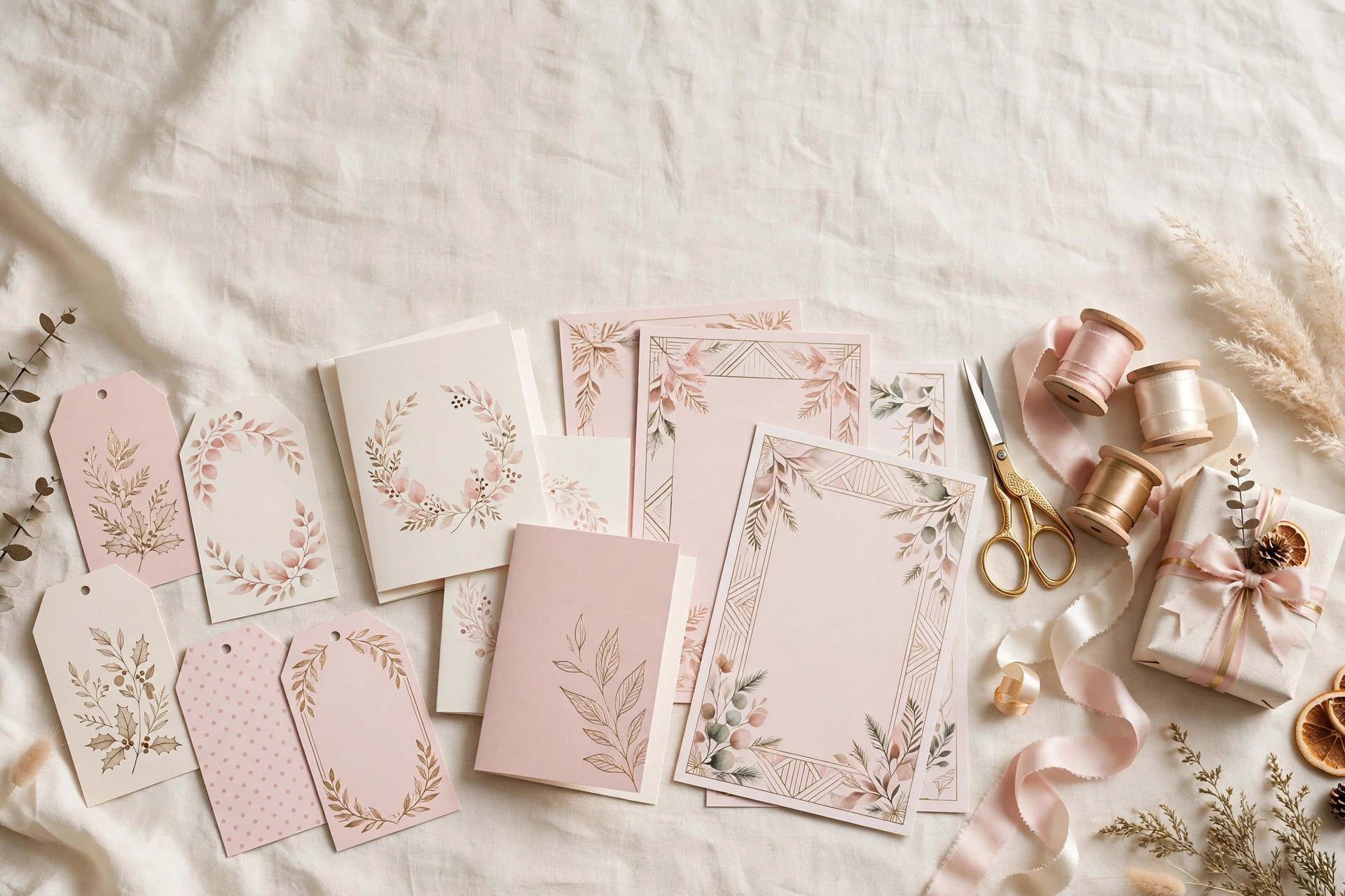 Printable Christmas gift tags and greeting cards in blush pink and cream