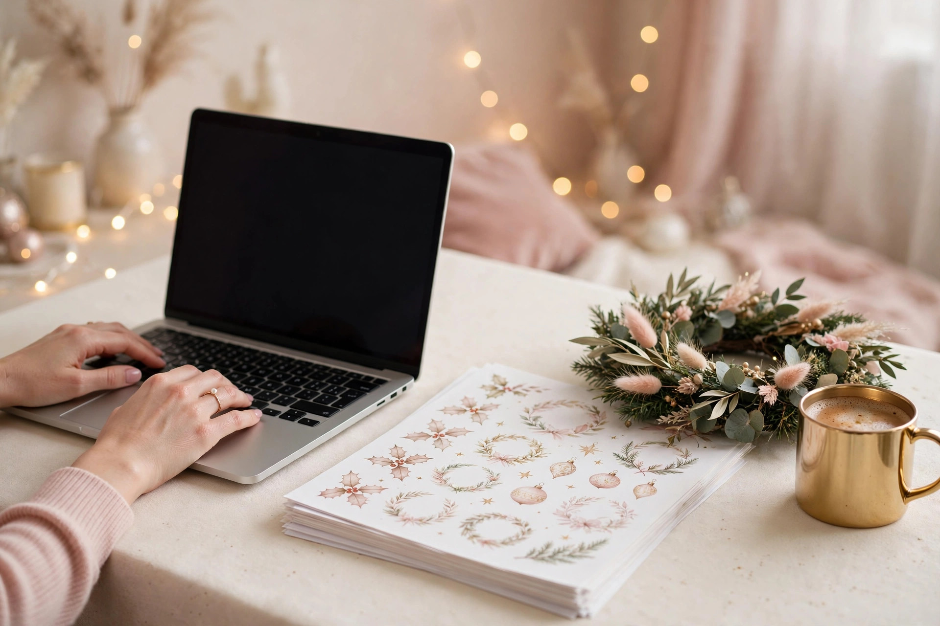 Designing Christmas printables on a laptop with festive printed sheets