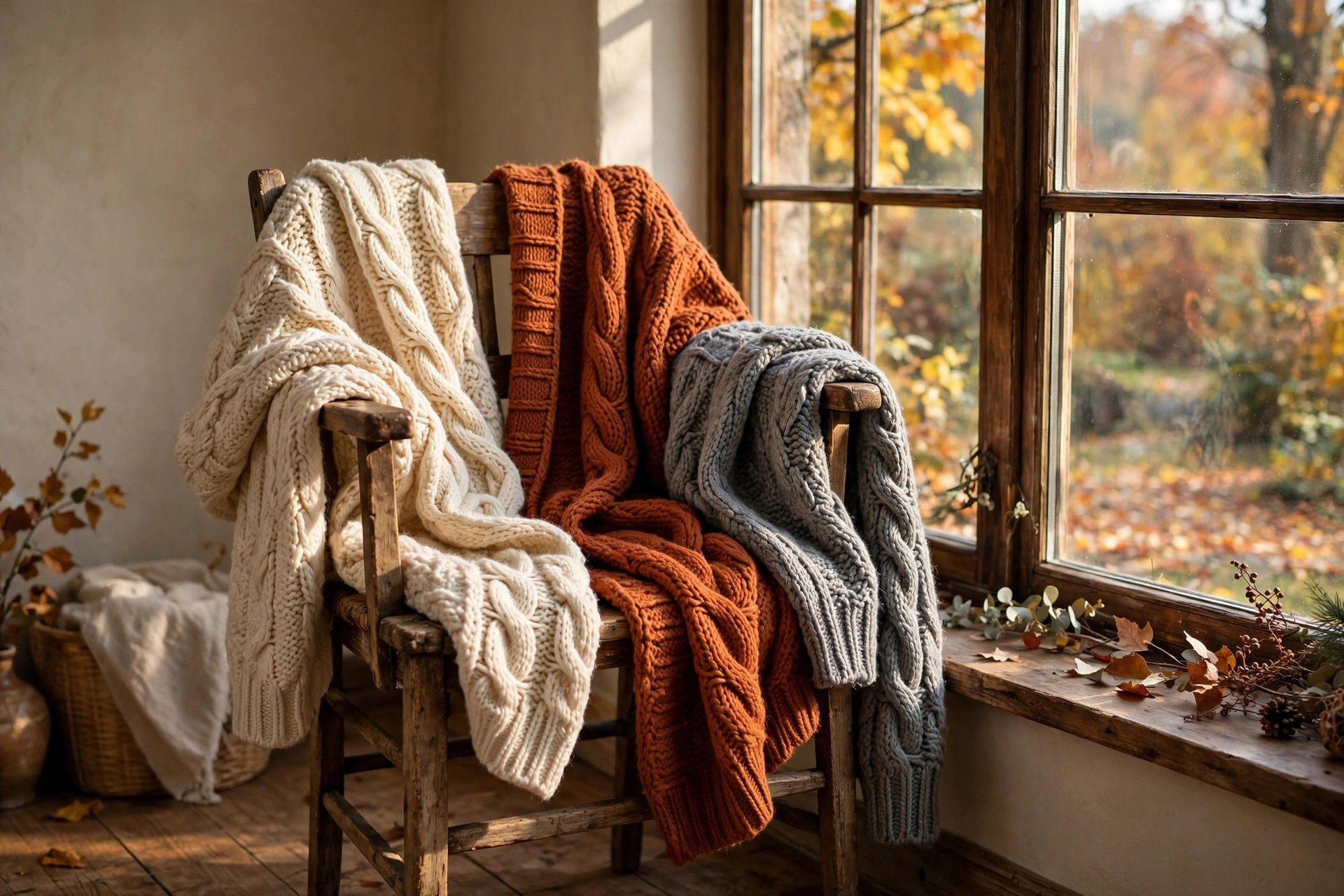 Photorealistic image of chunky knit cardigans in cream, rust and grey draped over a wooden chair beside a window with autumn light, wide horizontal composition, no text or words in the image.