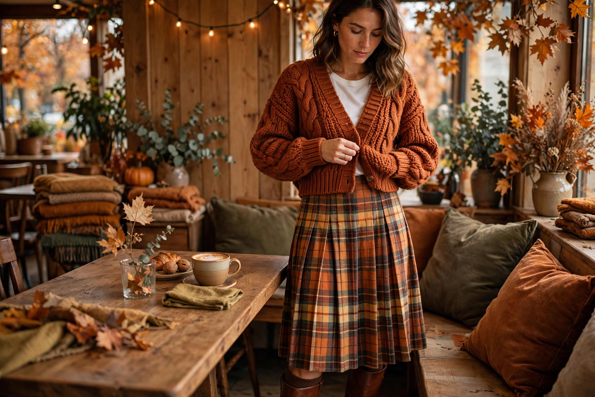 Photorealistic image of a woman styling a cropped rust chunky cardigan with a plaid midi skirt and knee-high boots in a cosy autumn cafe, wide horizontal composition, no text or words in the image.