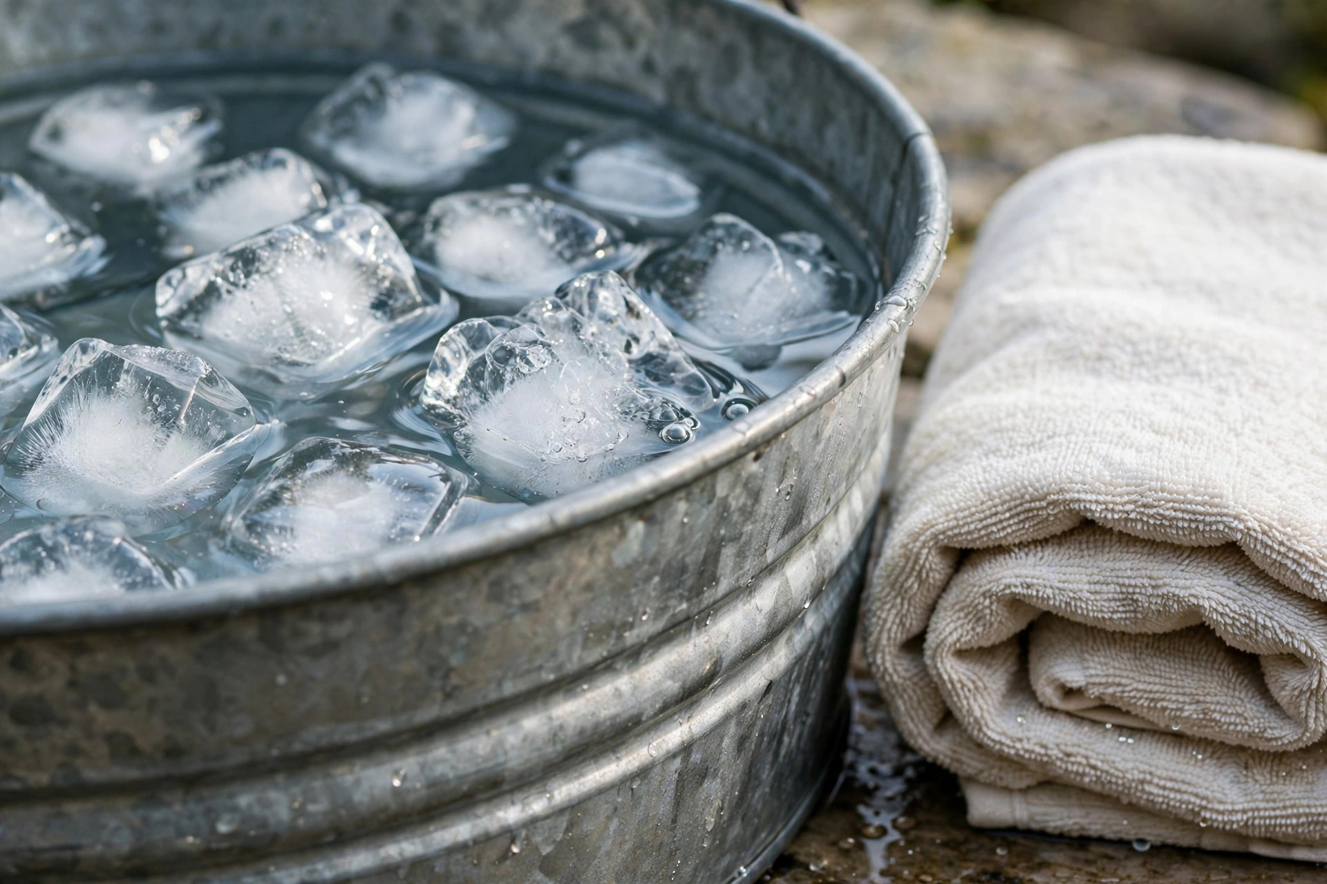 Close-up of ice cubes floating in a metal tub of cold water with a folded towel beside it, crisp clean detail, soft daylight, wide horizontal 3:2 composition, no text or words in the image