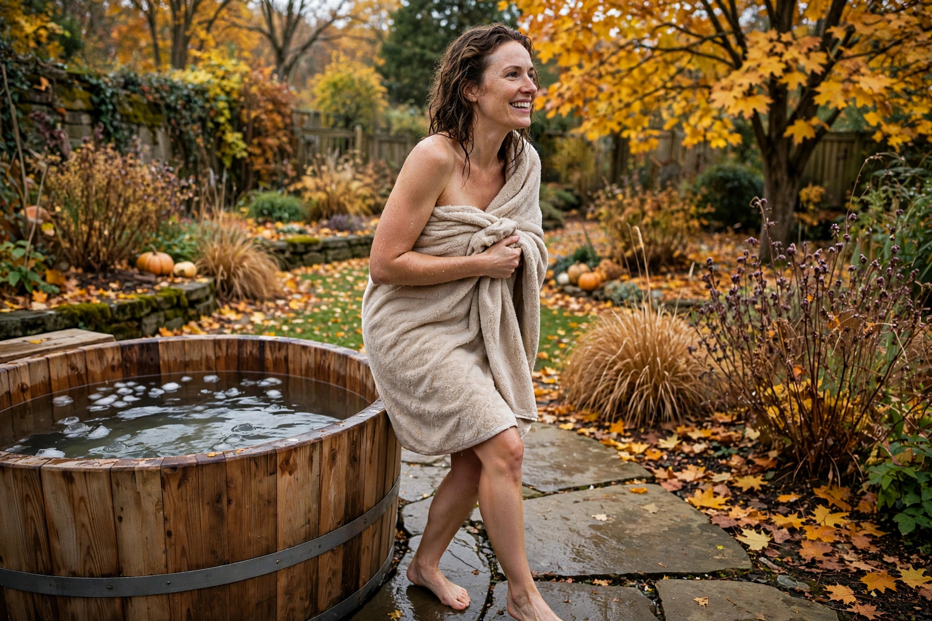 A woman wrapped in a cosy towel stepping out of an outdoor cold plunge tub in an autumn garden, smiling, golden leaves around, wide horizontal 3:2 composition, no text or words in the image