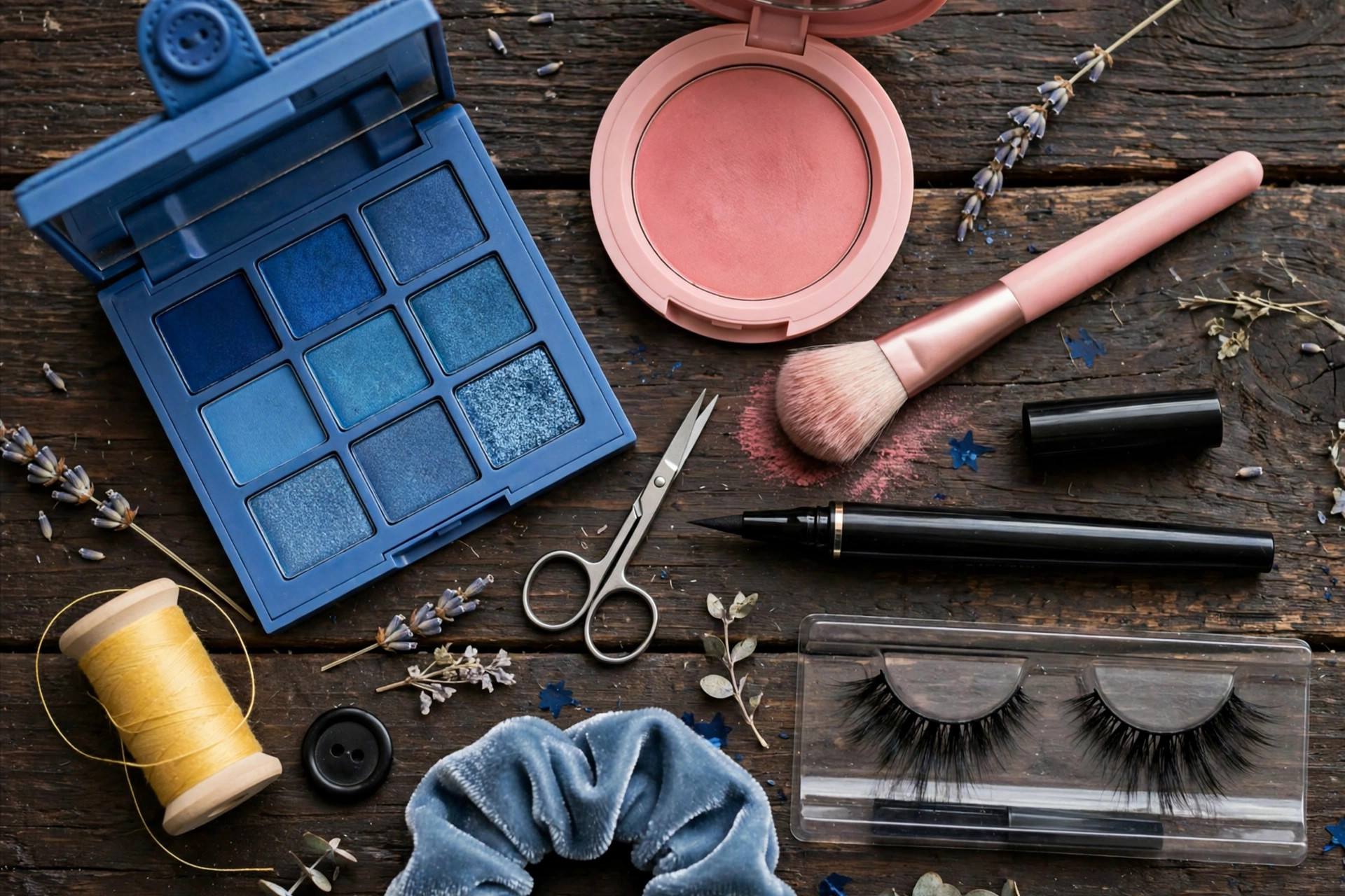 Photorealistic flat lay of Coraline-inspired makeup products, blue eyeshadow palette, rosy blush, black eyeliner and doll-like false lashes on dark wood, wide horizontal 3:2 composition, no text or words in the image.