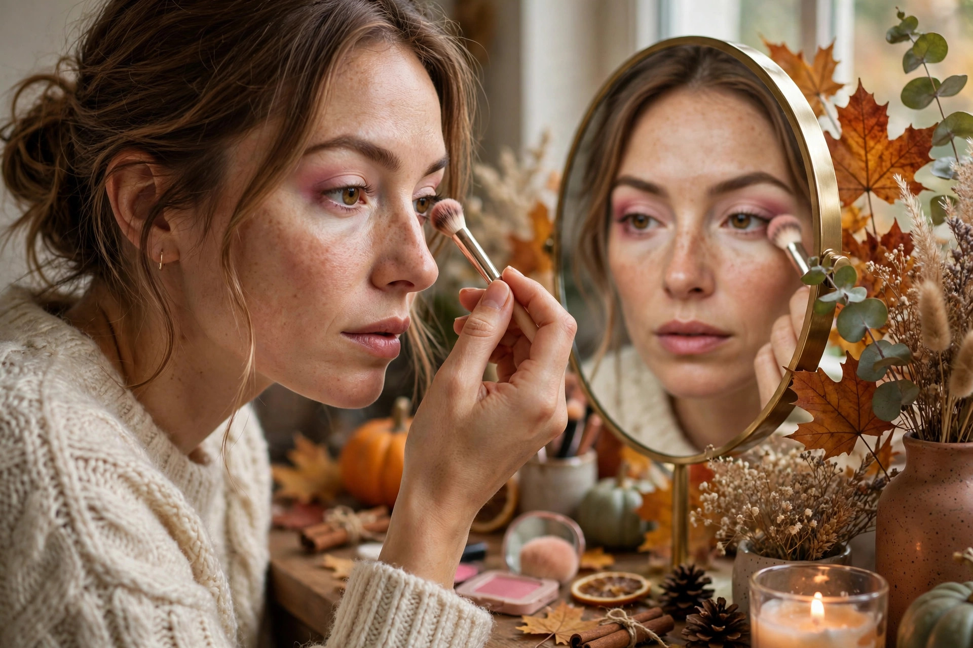 Photorealistic close-up of a woman applying soft doll-like eye makeup with a brush at a mirror surrounded by autumn decorations, wide horizontal 3:2 composition, no text or words in the image.