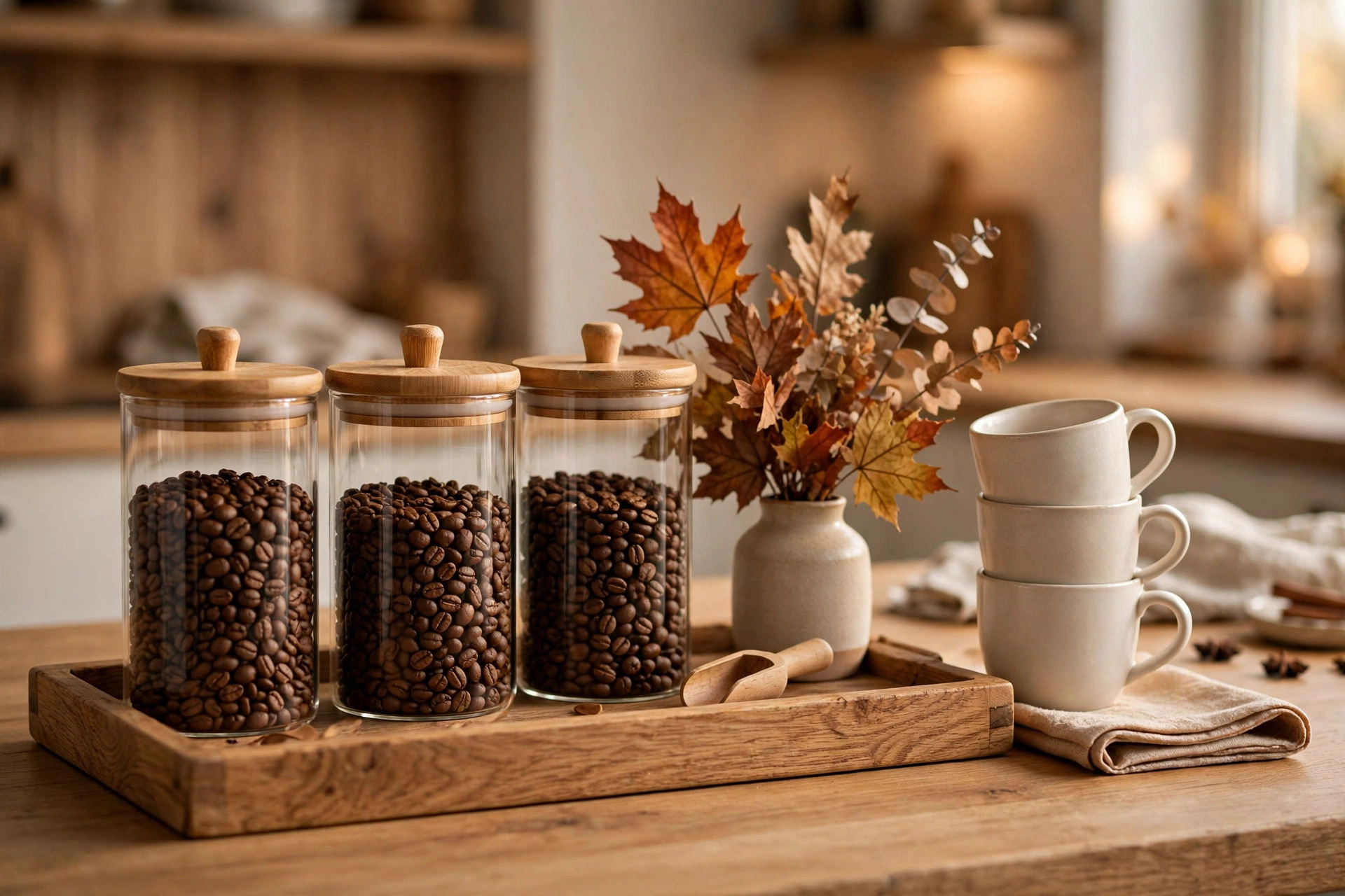 Photorealistic organised coffee station detail with glass canisters of coffee beans, wooden tray, stacked ceramic mugs and a small vase of dried autumn leaves, warm kitchen light, wide horizontal composition, no text or words in the image.