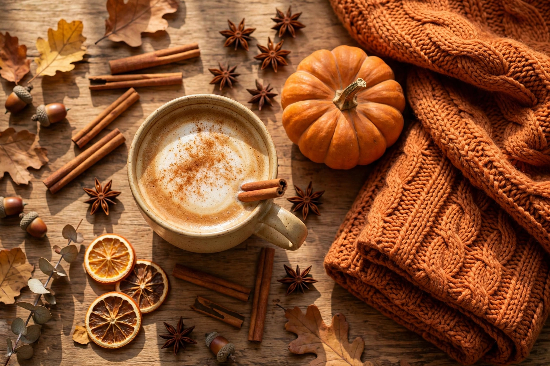 Photorealistic autumn hot drinks flat lay with spiced latte in a ceramic mug, cinnamon sticks, star anise, pumpkin and a folded knit throw beside it, warm tones, wide horizontal composition, no text or words in the image.