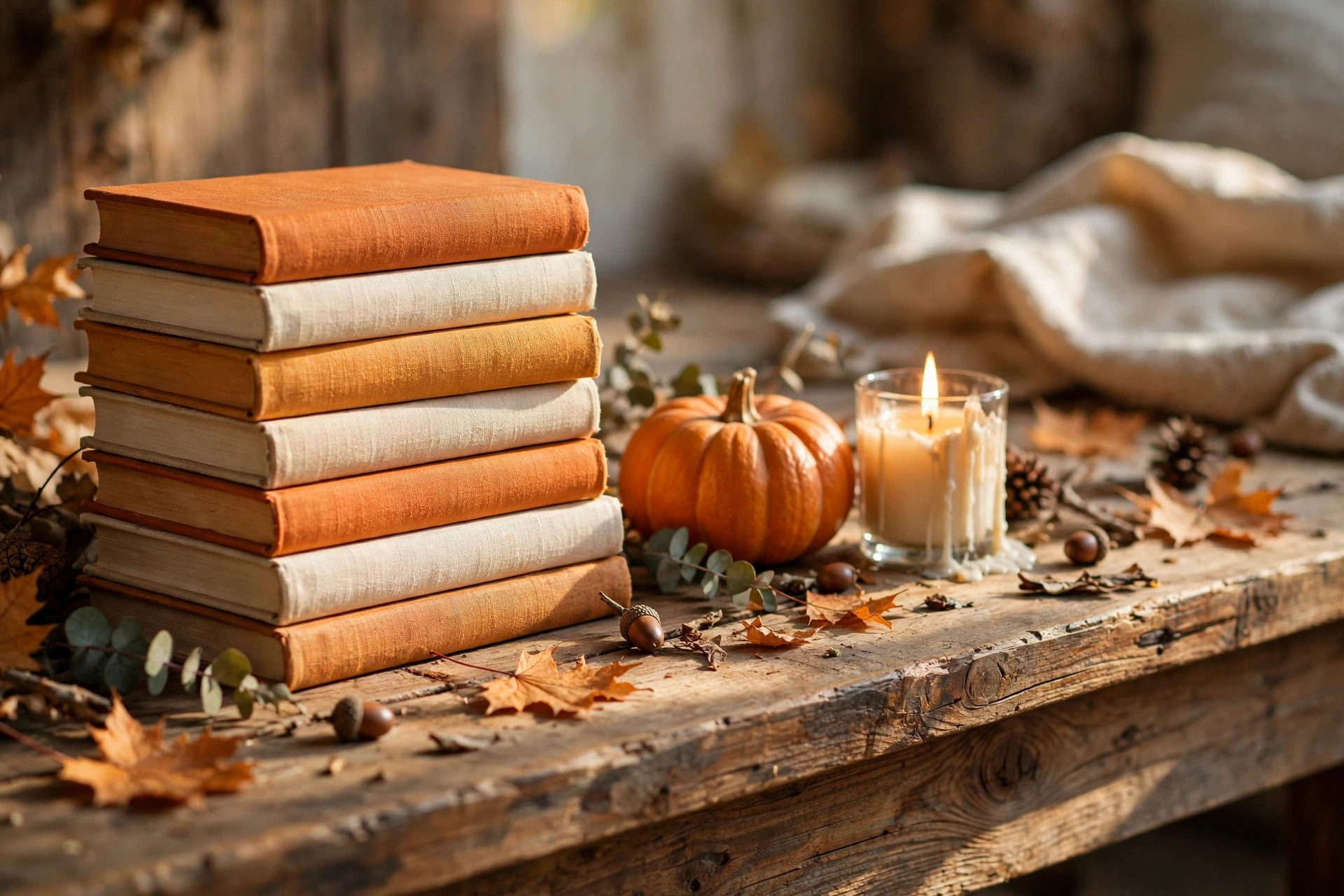Photorealistic stack of autumn-themed books with warm orange and cream covers on a wooden shelf beside a small pumpkin and a lit candle, wide horizontal composition, no text or words in the image.
