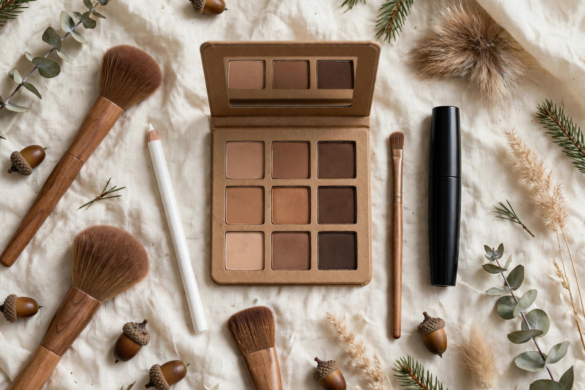 Photorealistic flat lay of skin-safe makeup for deer Halloween look, brown eyeshadow palette, white eyeliner pencil, mascara and brushes on cream fabric, wide horizontal 3:2 composition, no text or words in the image.