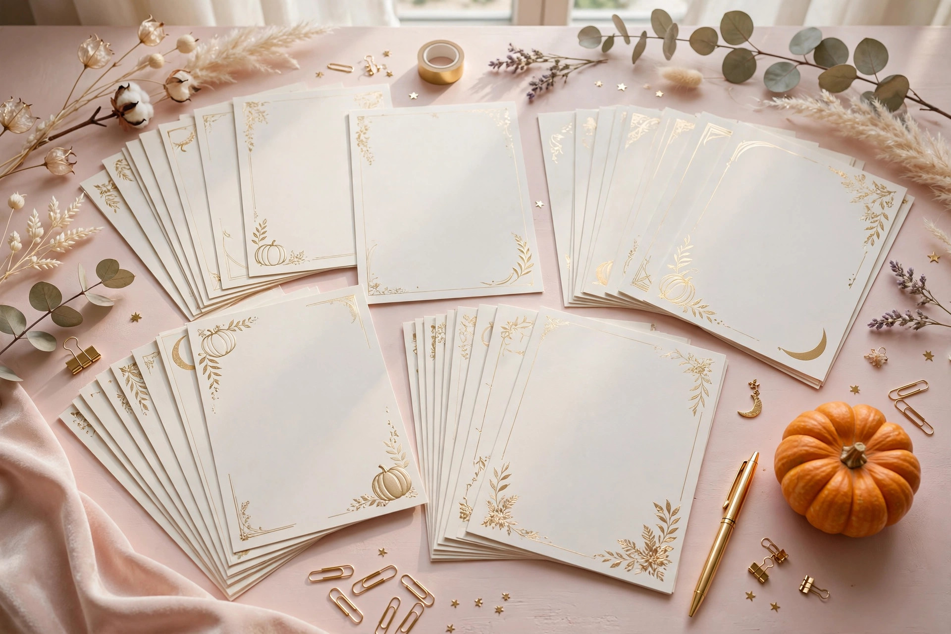 Halloween checklists and planner pages fanned out on a blush desk