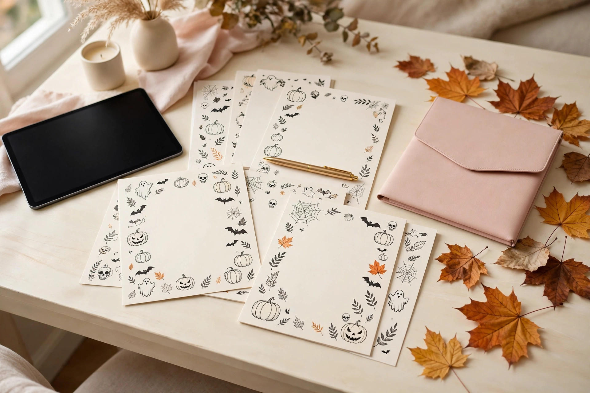 Tablet and printed Halloween planner pages with a gold pen on a cream desk