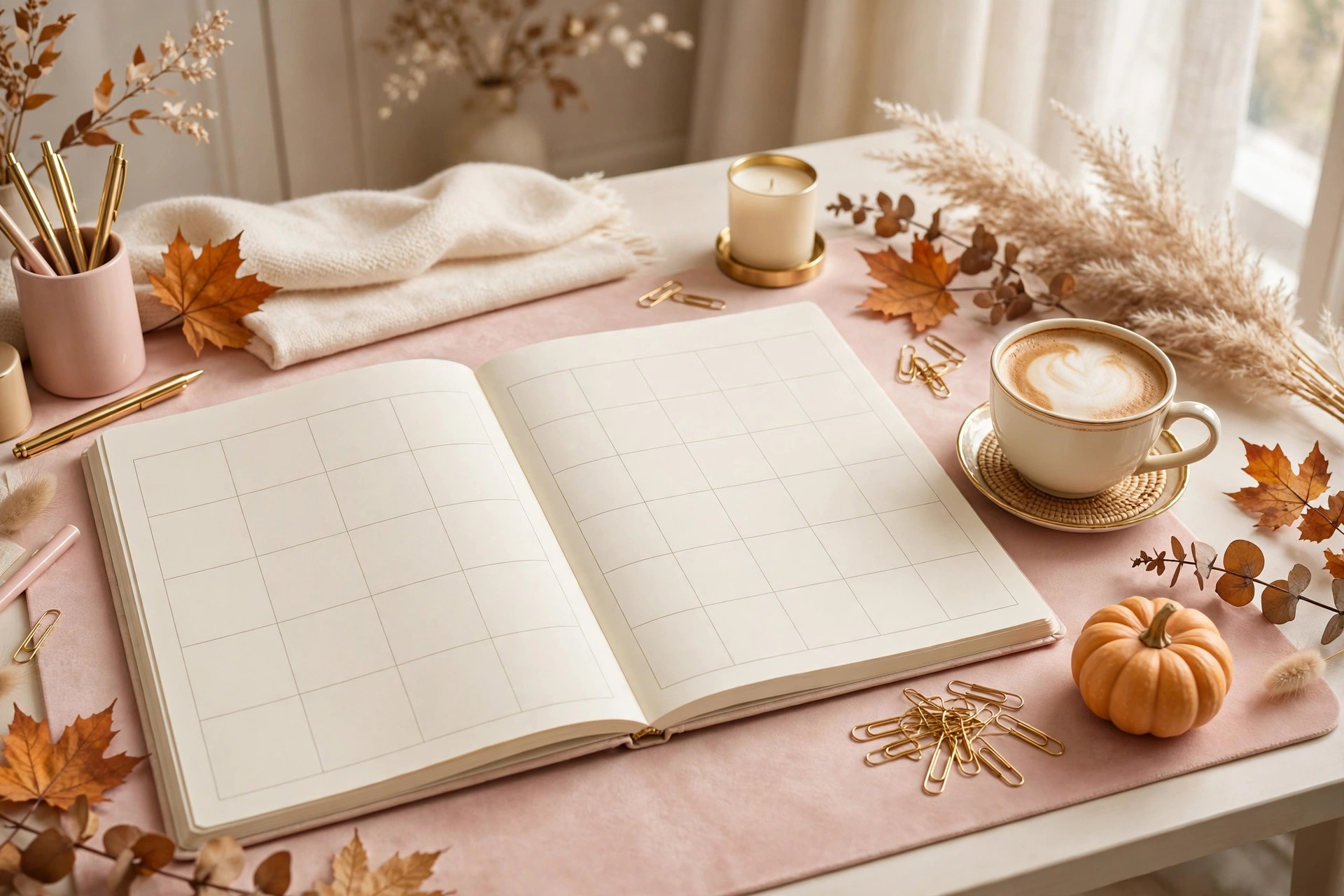 Open weekly planner with calendar and coffee on an autumn desk