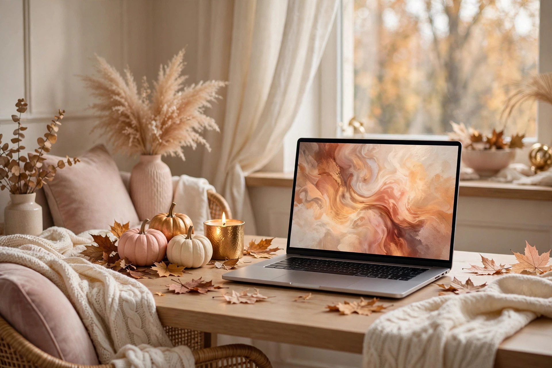 Cosy laptop workspace with autumn decor for launching a digital product shop