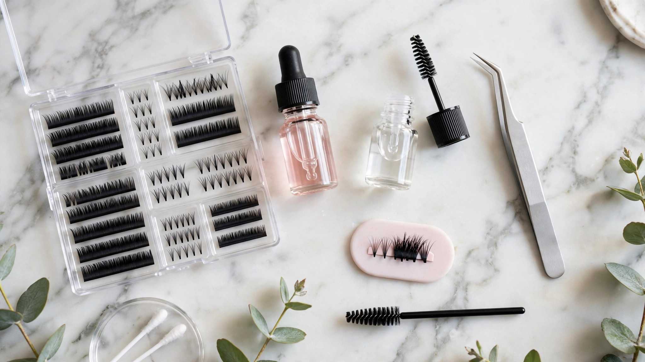 Flat lay of a DIY lash cluster starter kit with cluster lashes, bond, sealant and tweezers on a marble vanity, wide horizontal 3:2 composition, no text or words in the image