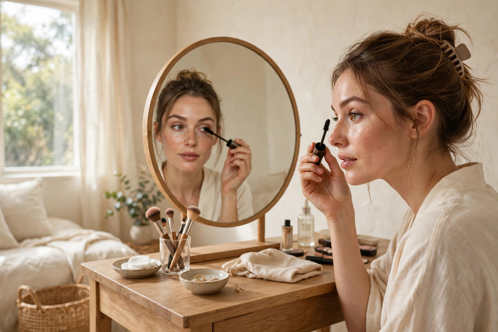 Woman applying mascara while looking into a vanity mirror in soft window daylight, wide horizontal 3:2 composition, no text or words in the image