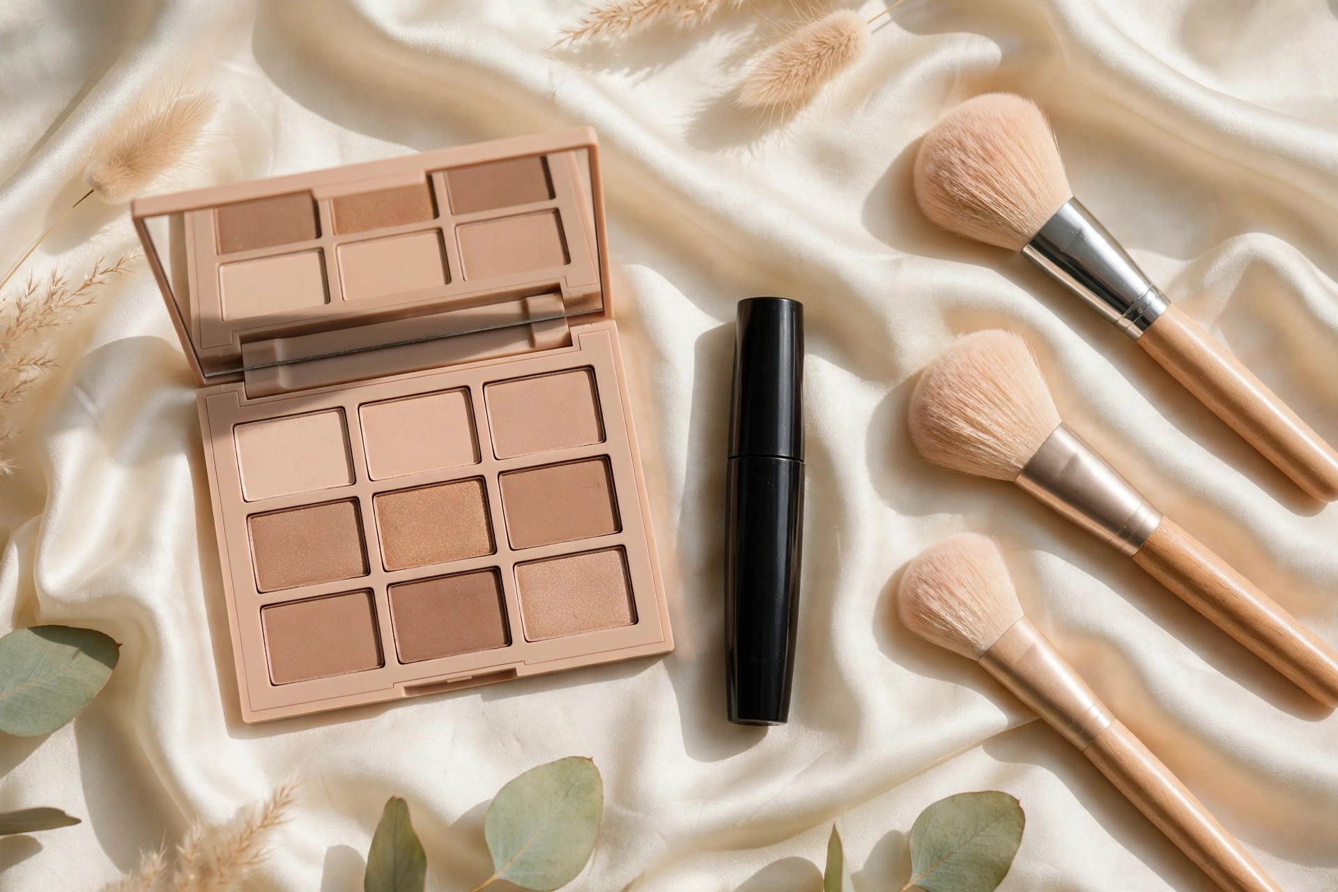 Makeup flat lay with a nude eyeshadow palette, mascara and soft brushes arranged on a cream silk cloth, wide horizontal 3:2 composition, no text or words in the image