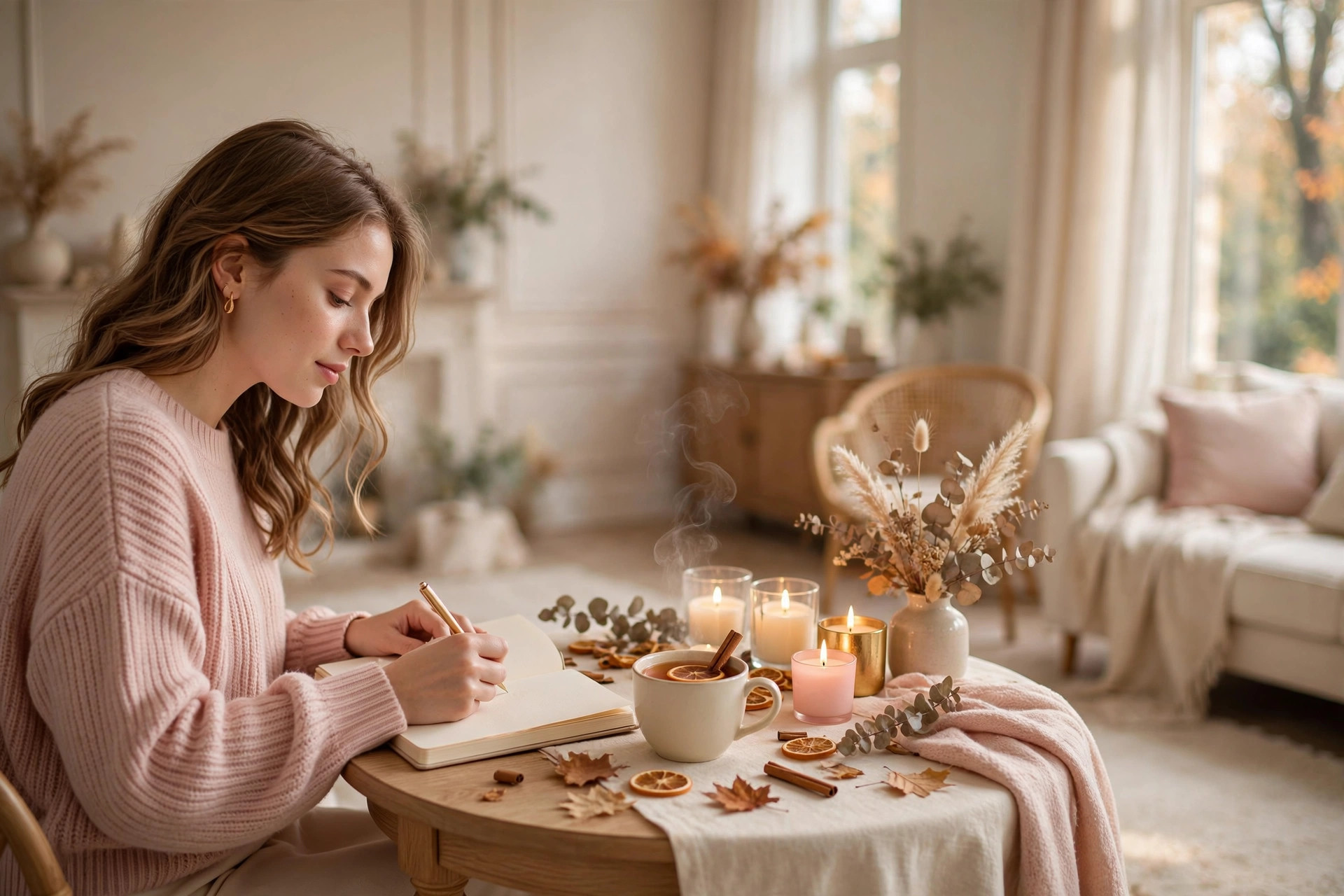 Woman writing a dopamine menu in a pretty journal with autumn candles nearby