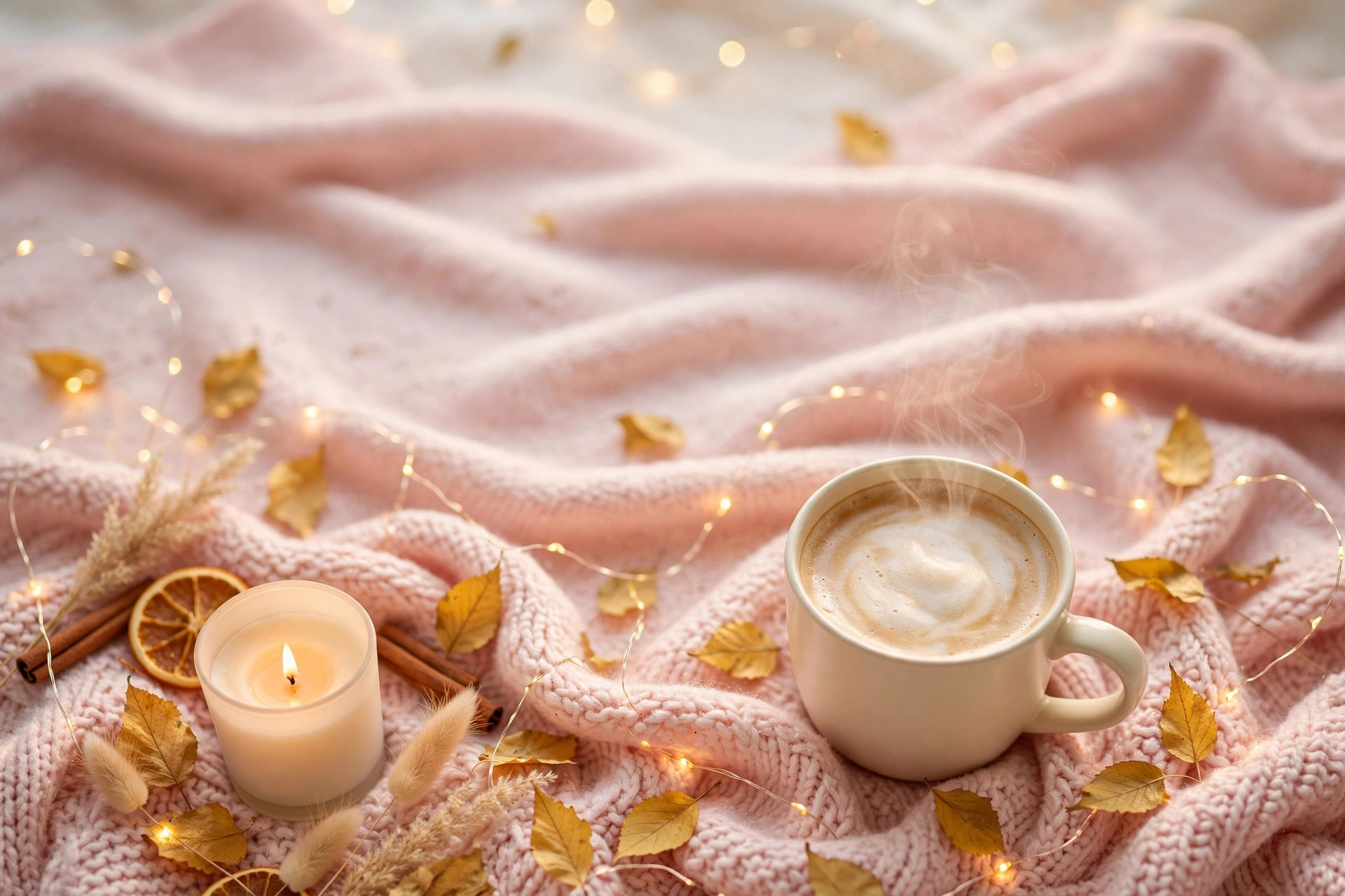 Cosy autumn flat lay with spiced latte, fairy lights and soft blanket for dopamine menu