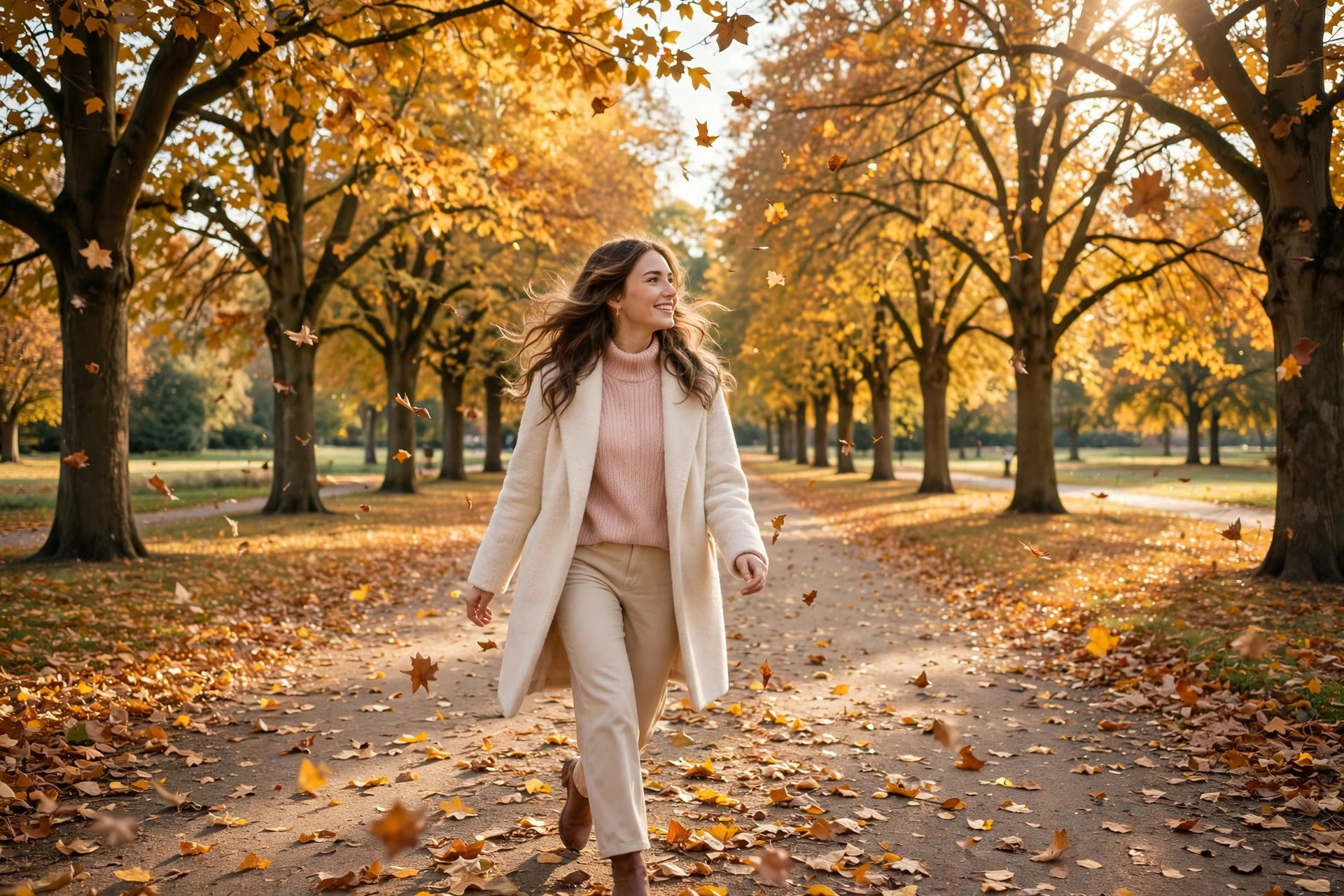 Woman walking through golden autumn leaves in a soft cream coat, dopamine menu activity