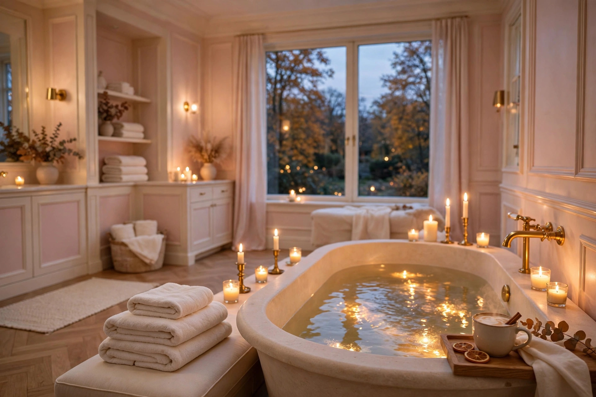 Candle-lit warm bath with soft towels, cosy autumn evening dessert ritual