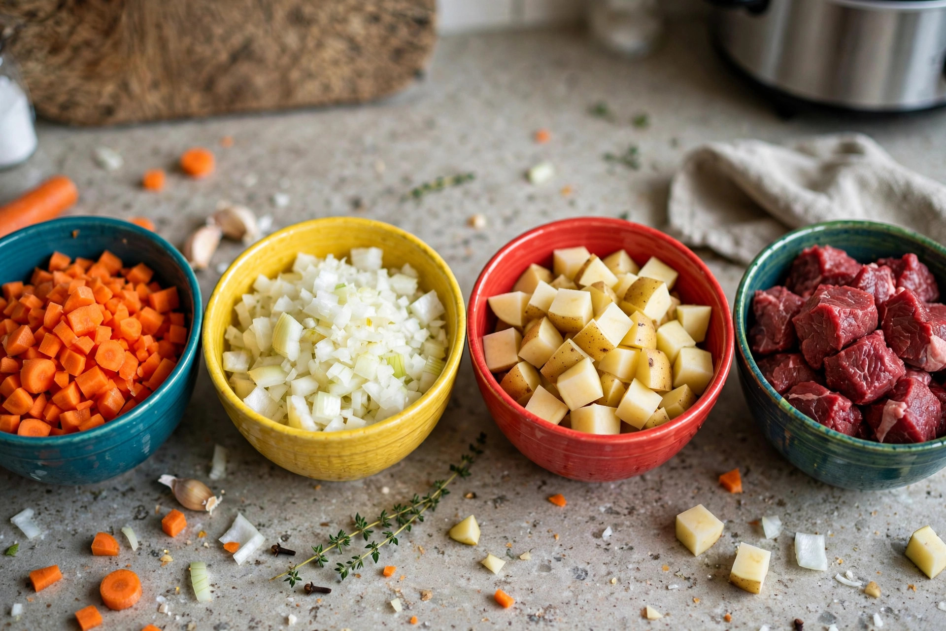 Photorealistic close-up of chopped carrots, onions, potatoes and beef chunks in colourful bowls on a kitchen counter ready for a crockpot dump dinner, wide horizontal 3:2 composition, no text or words in the image.
