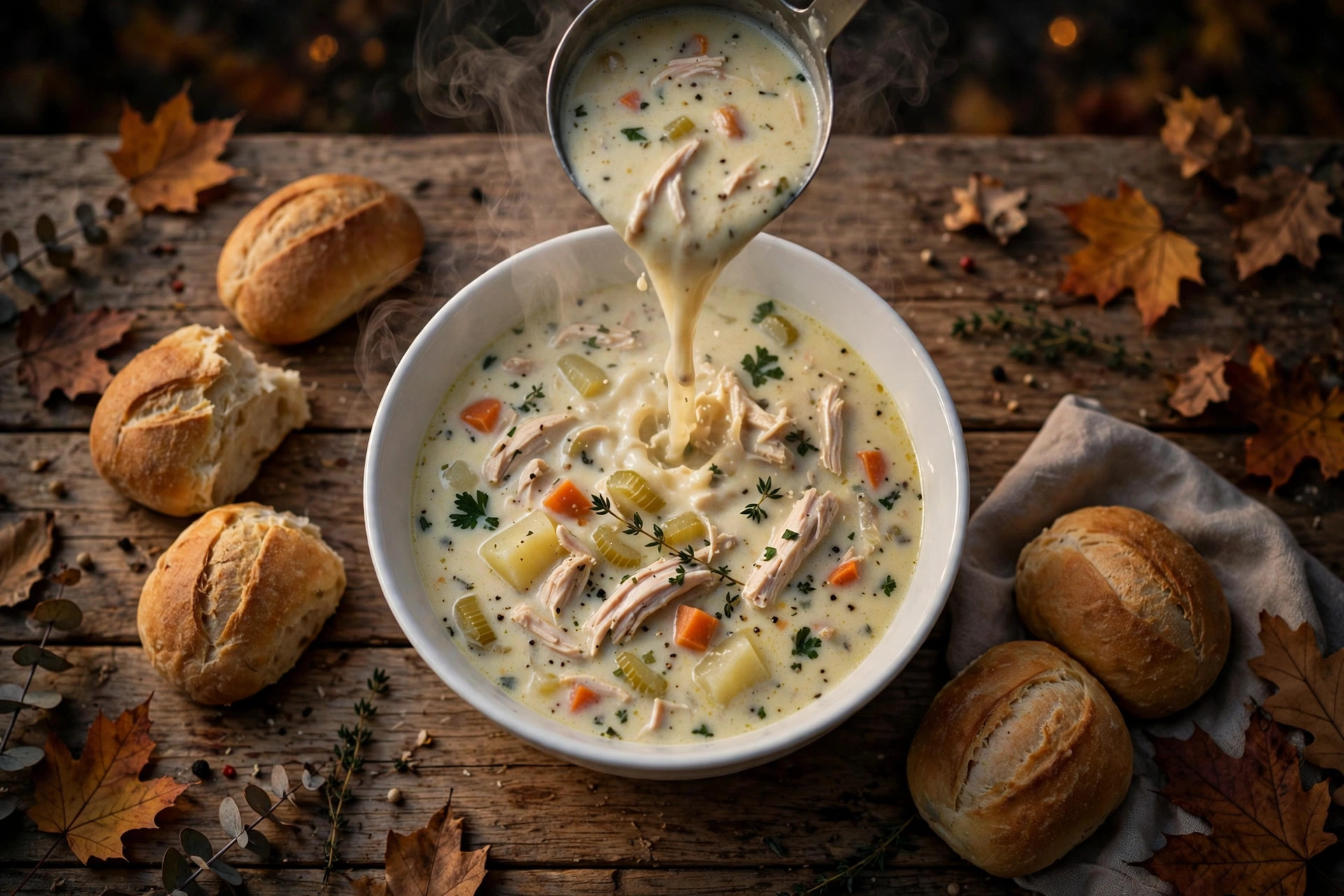 Photorealistic overhead view of creamy chicken soup ladled into a white bowl on a wooden table with bread rolls, steam rising, autumn evening mood, wide horizontal 3:2 composition, no text or words in the image.