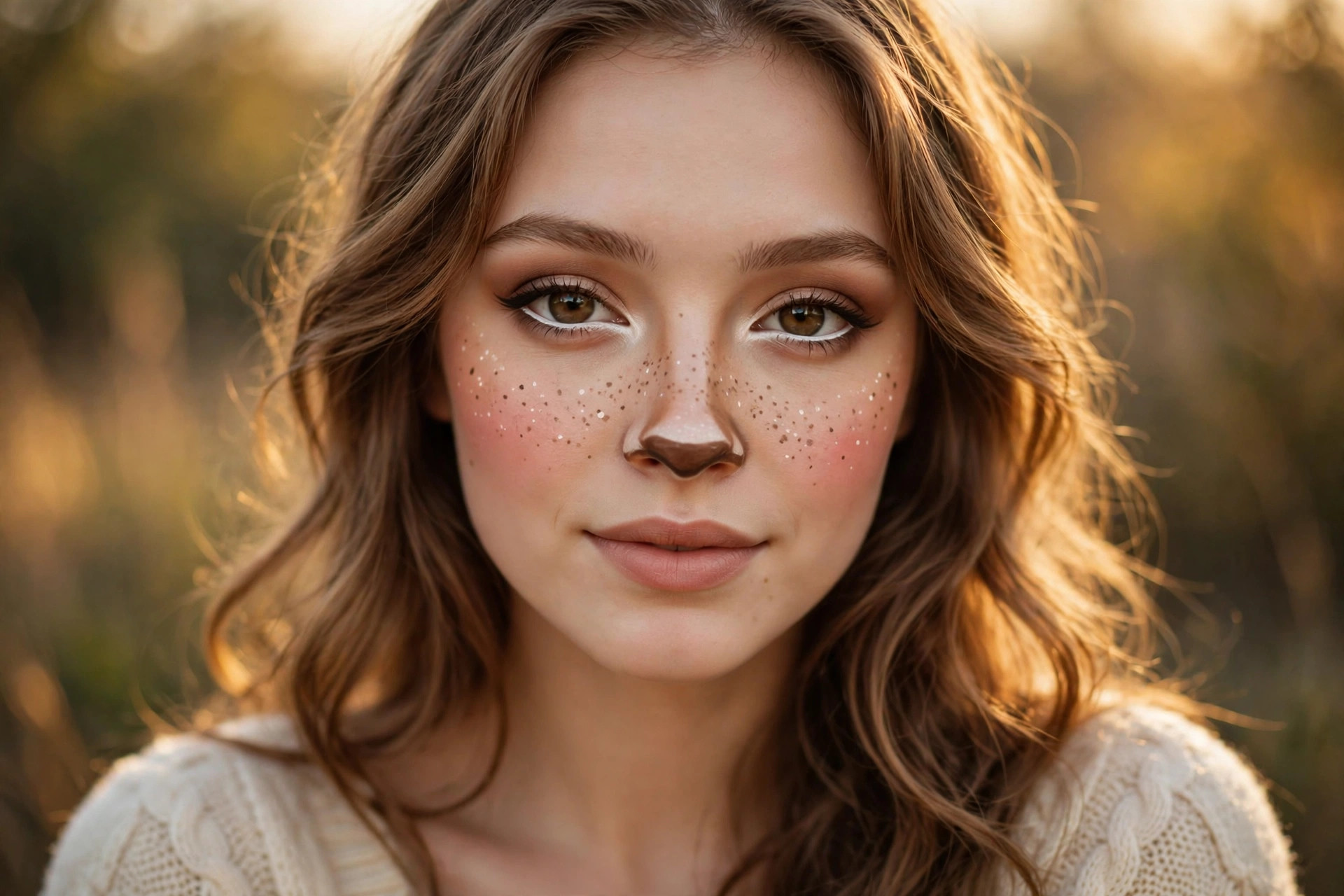 Doe-eye deer Halloween makeup look with dotted faux freckles and brown eyeliner nose