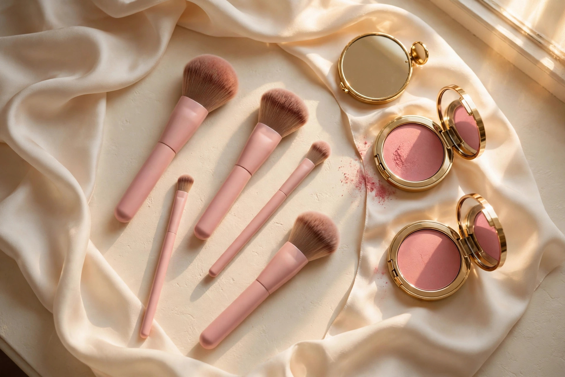 Makeup brushes with blush pink handles and open blush compacts on a cream vanity in soft golden light