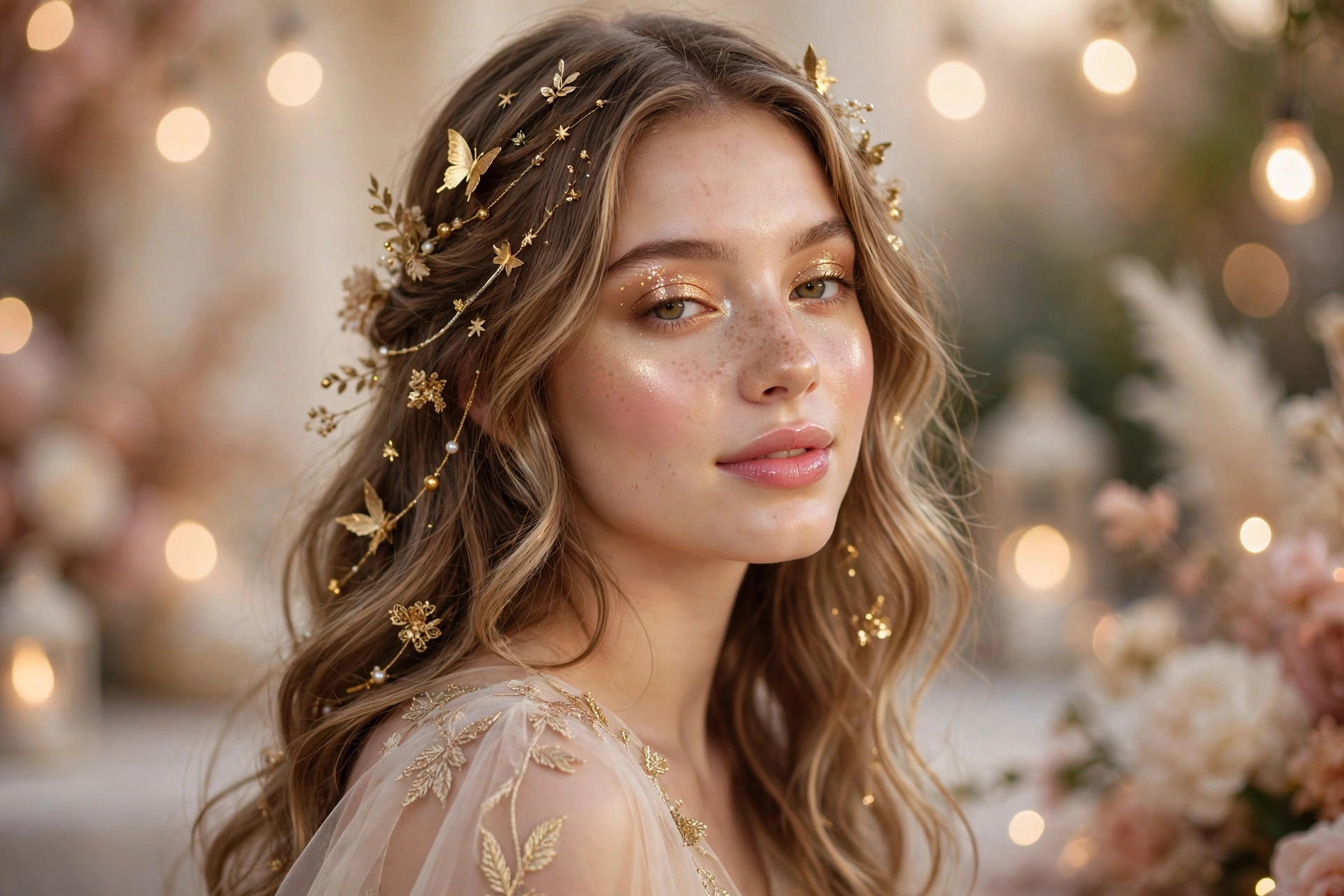 Woman with golden fairy Halloween makeup, shimmering champagne eyeshadow and glowing cheekbones