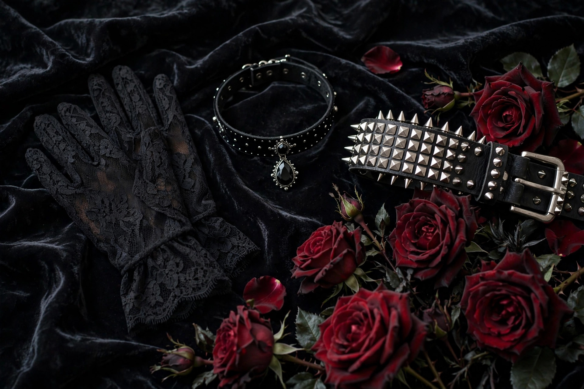 Photorealistic image of dark-romantic fashion details with black lace gloves, a choker necklace, studded belt and dark red roses arranged on dark velvet, wide horizontal 3:2 composition, no text or words in the image