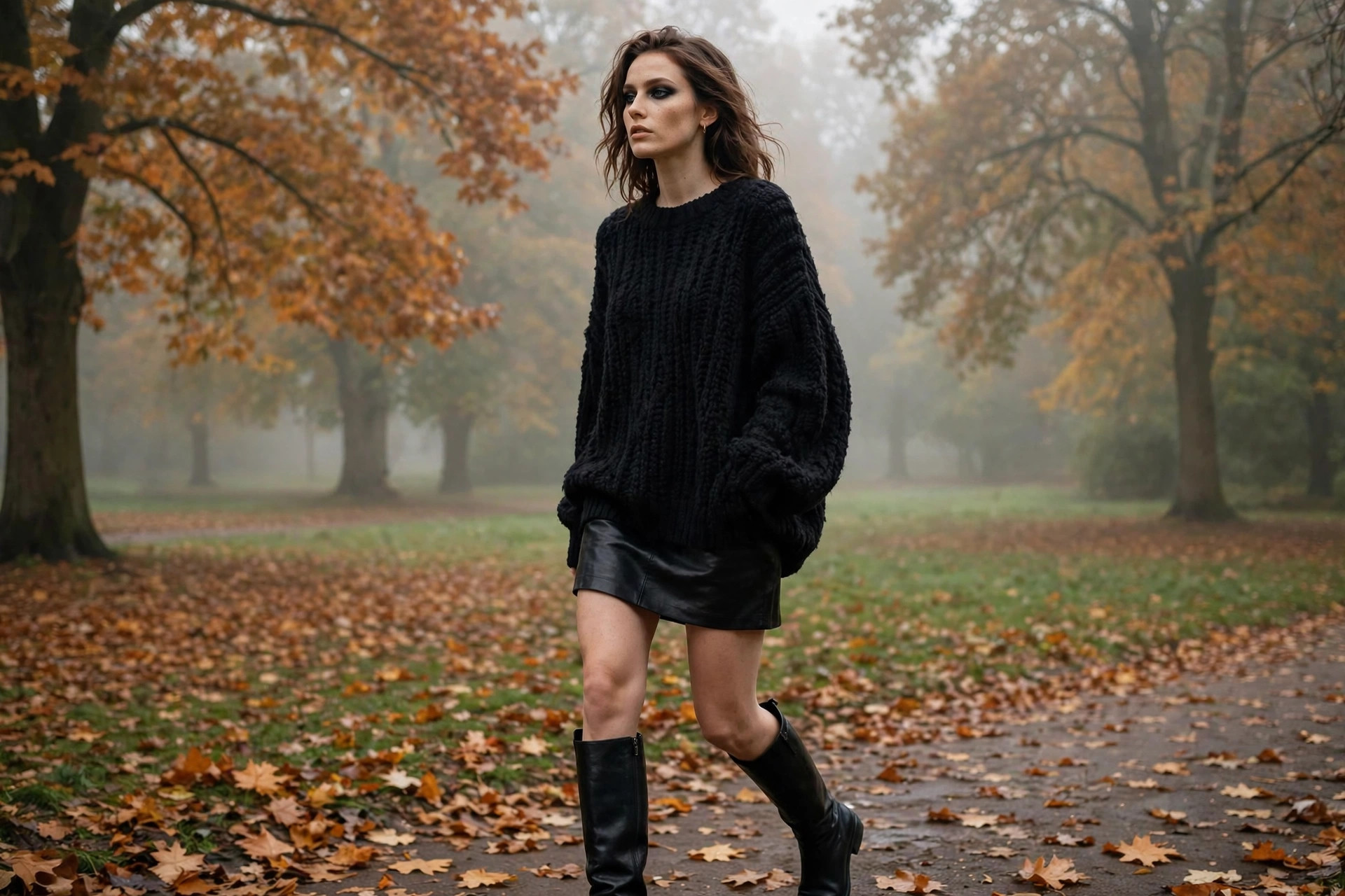 Photorealistic image of a woman wearing an oversized black knit jumper, leather mini skirt and knee-high boots with smoky eye makeup, walking through a misty autumn park, wide horizontal 3:2 composition, no text or words in the image