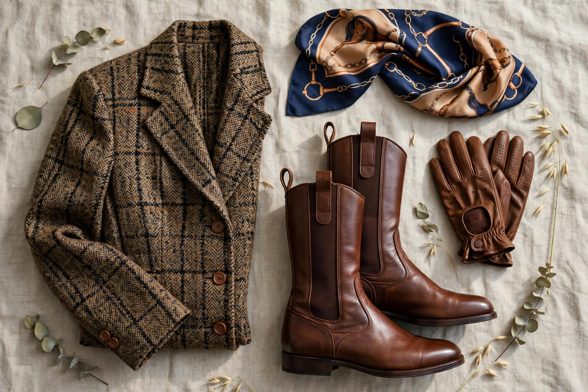 Photorealistic flat lay of equestrian-inspired pieces, tweed blazer, leather riding boots, silk scarf and riding gloves, wide horizontal 3:2 composition, no text or words in the image.
