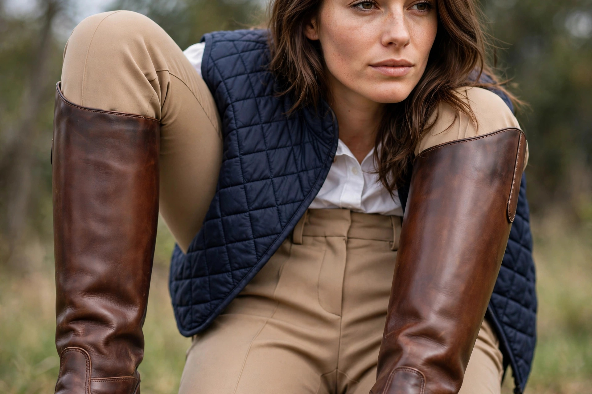 Photorealistic close-up of a woman wearing tall leather riding boots with tailored trousers and a quilted vest, wide horizontal 3:2 composition, no text or words in the image.