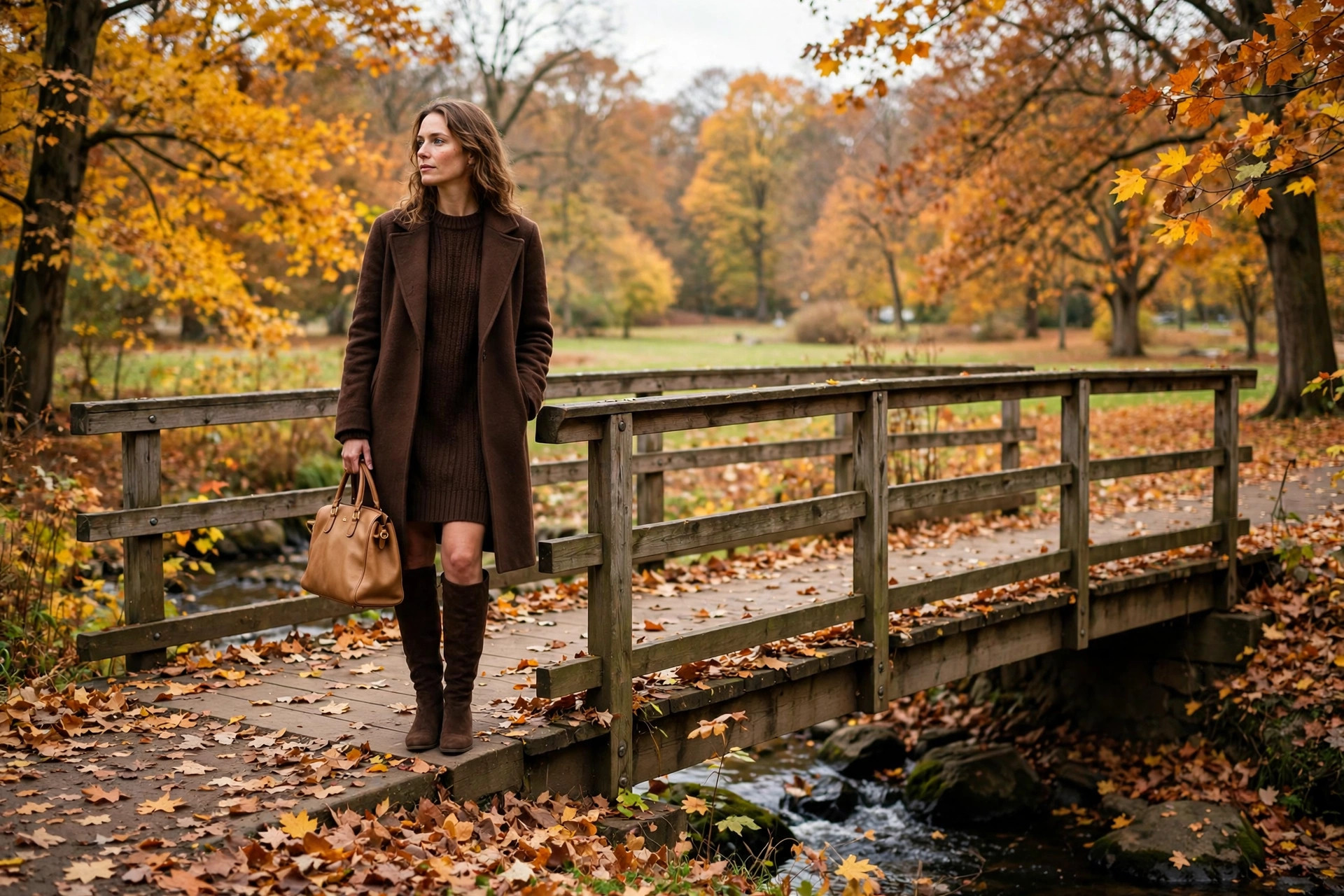 Woman in an espresso brown sweater dress, wool coat and knee-high boots holding a tan leather bag on a park bridge in fall, wide horizontal 3:2 composition, no text or words in the image