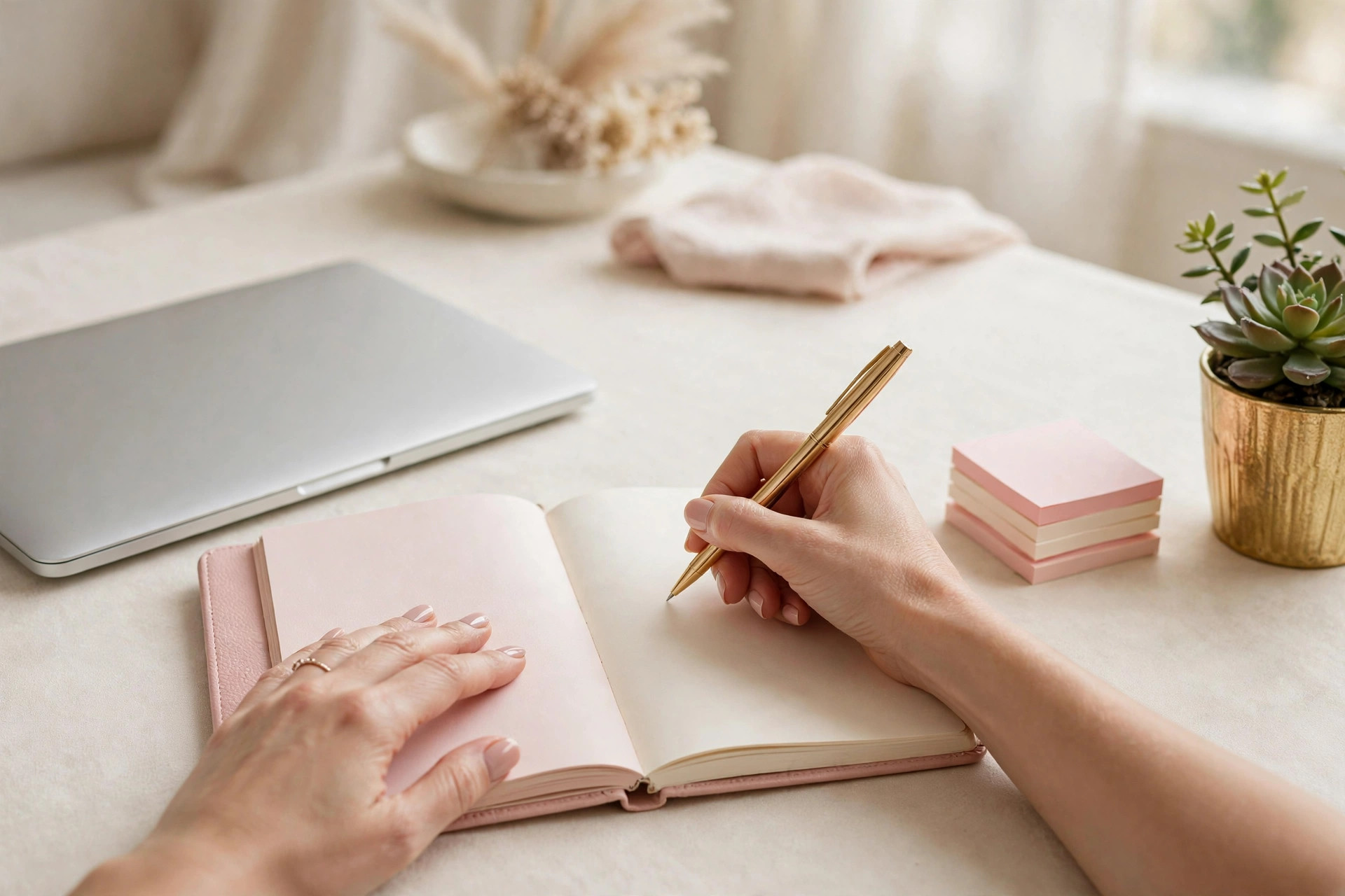 Writing Etsy SEO keyword ideas in a notebook beside a laptop