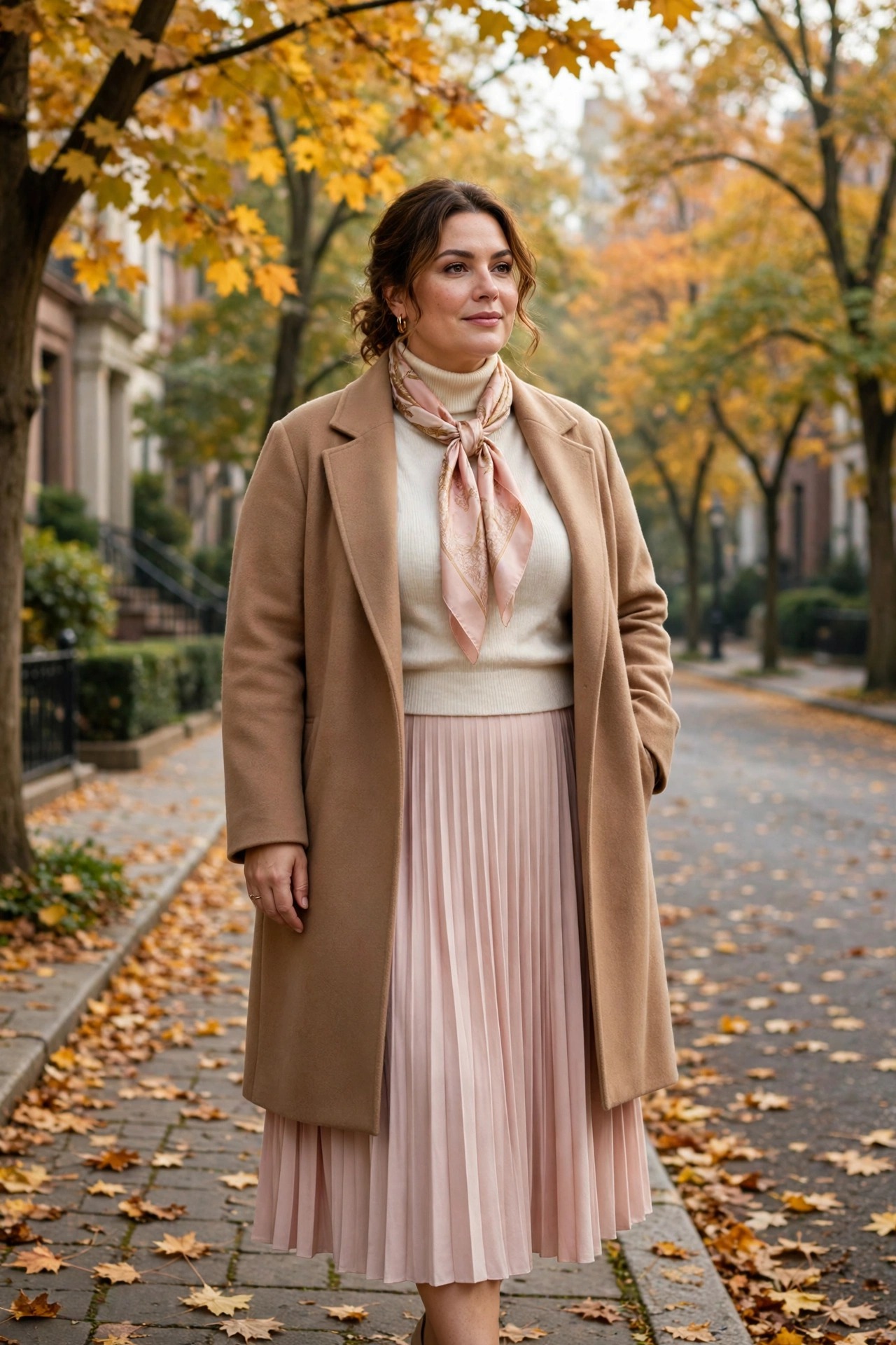 Layered fall brunch outfit for plus size woman on chilly autumn morning