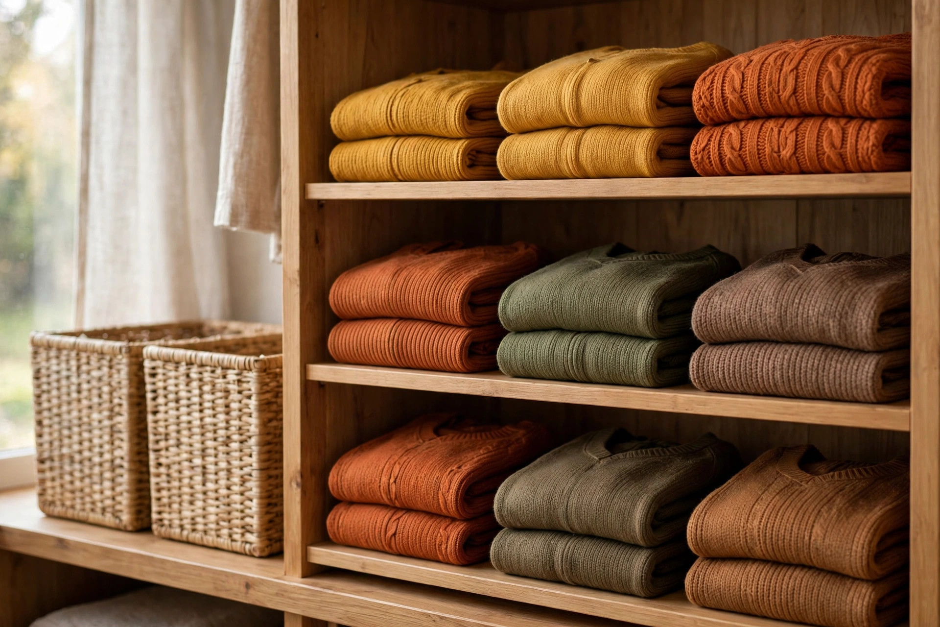 Photorealistic neatly folded knit jumpers in autumn colours stacked on closet shelves beside woven storage baskets, soft daylight, wide horizontal composition, no text or words in the image.