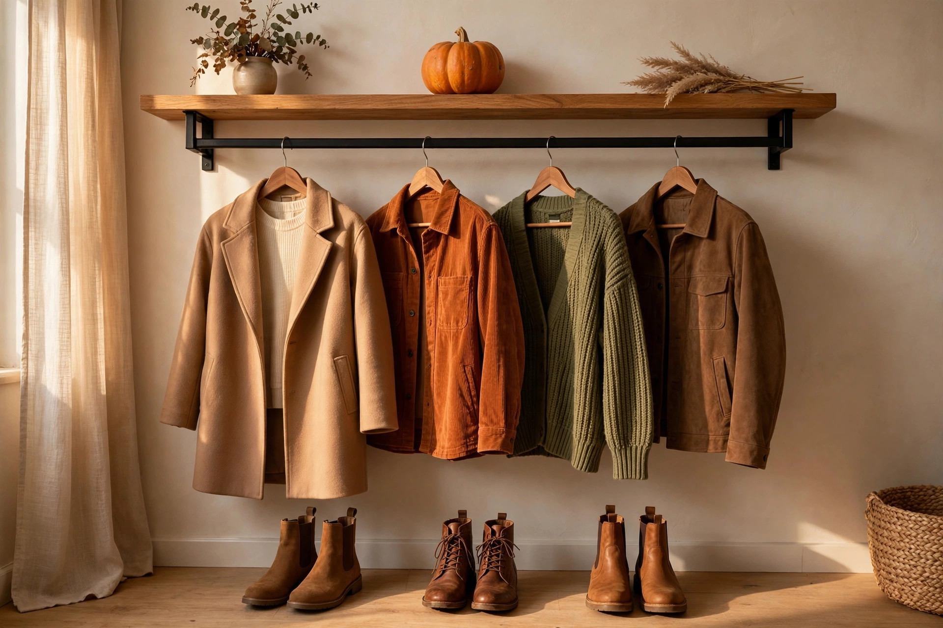 Photorealistic tidy clothing rail with coordinated autumn outfits on matching wooden hangers, boots below and a small pumpkin on the shelf above, warm light, wide horizontal composition, no text or words in the image.