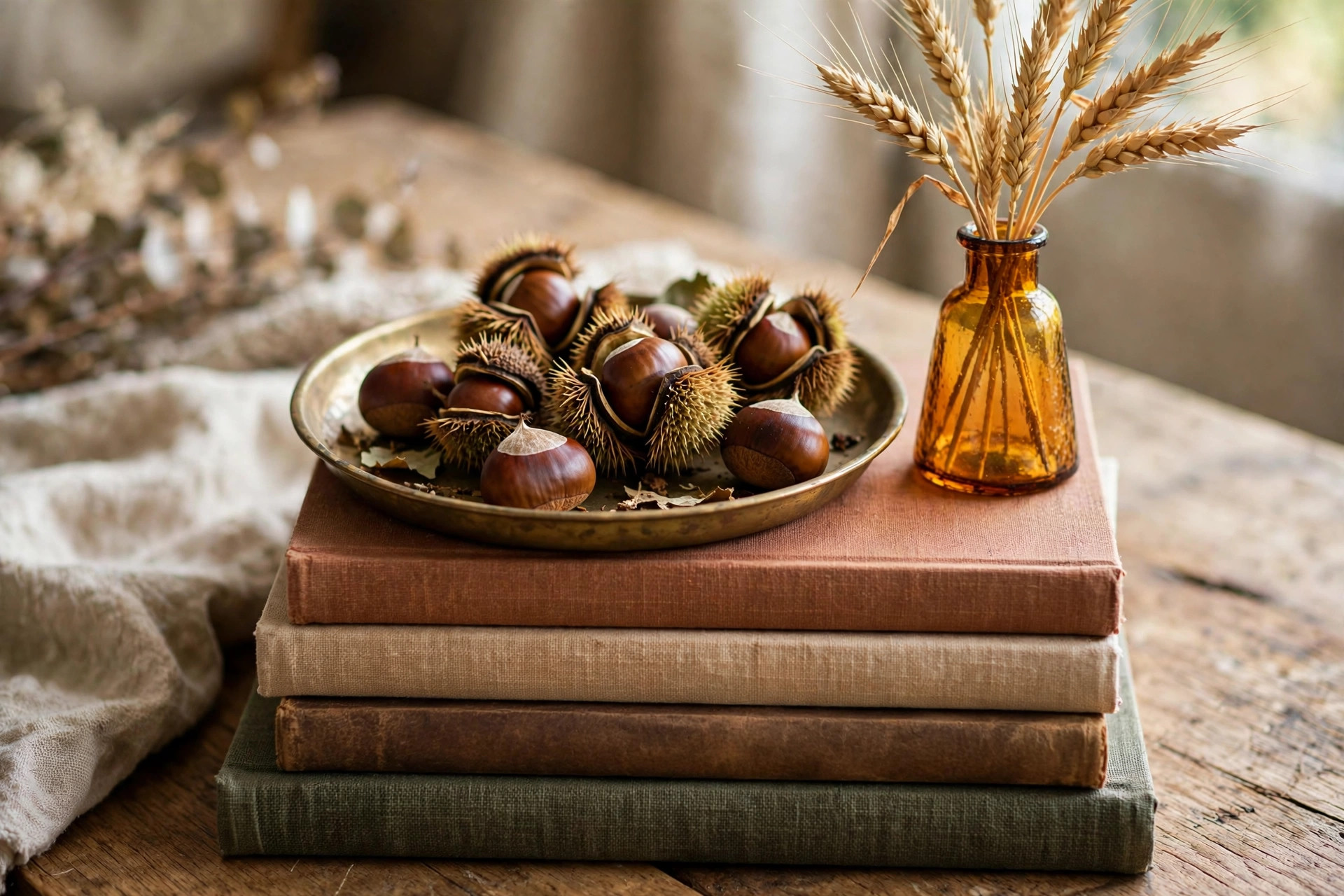 Photorealistic close view of coffee table book stack topped with brass dish of conkers and amber bud vase with wheat stems, wide horizontal composition, no text or words in the image.