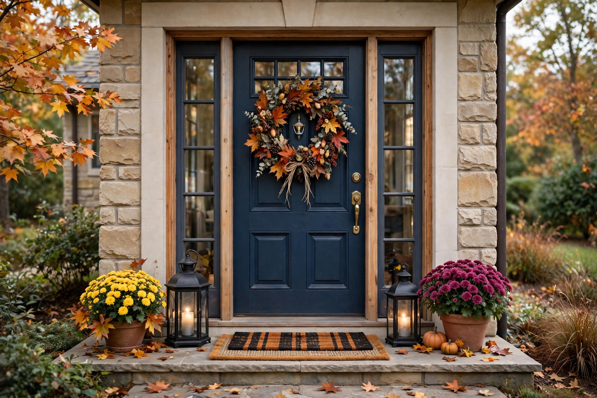 Photorealistic front door exterior with autumn wreath, layered doormats, lanterns and potted mums on doorstep, wide horizontal composition, no text or words in the image.