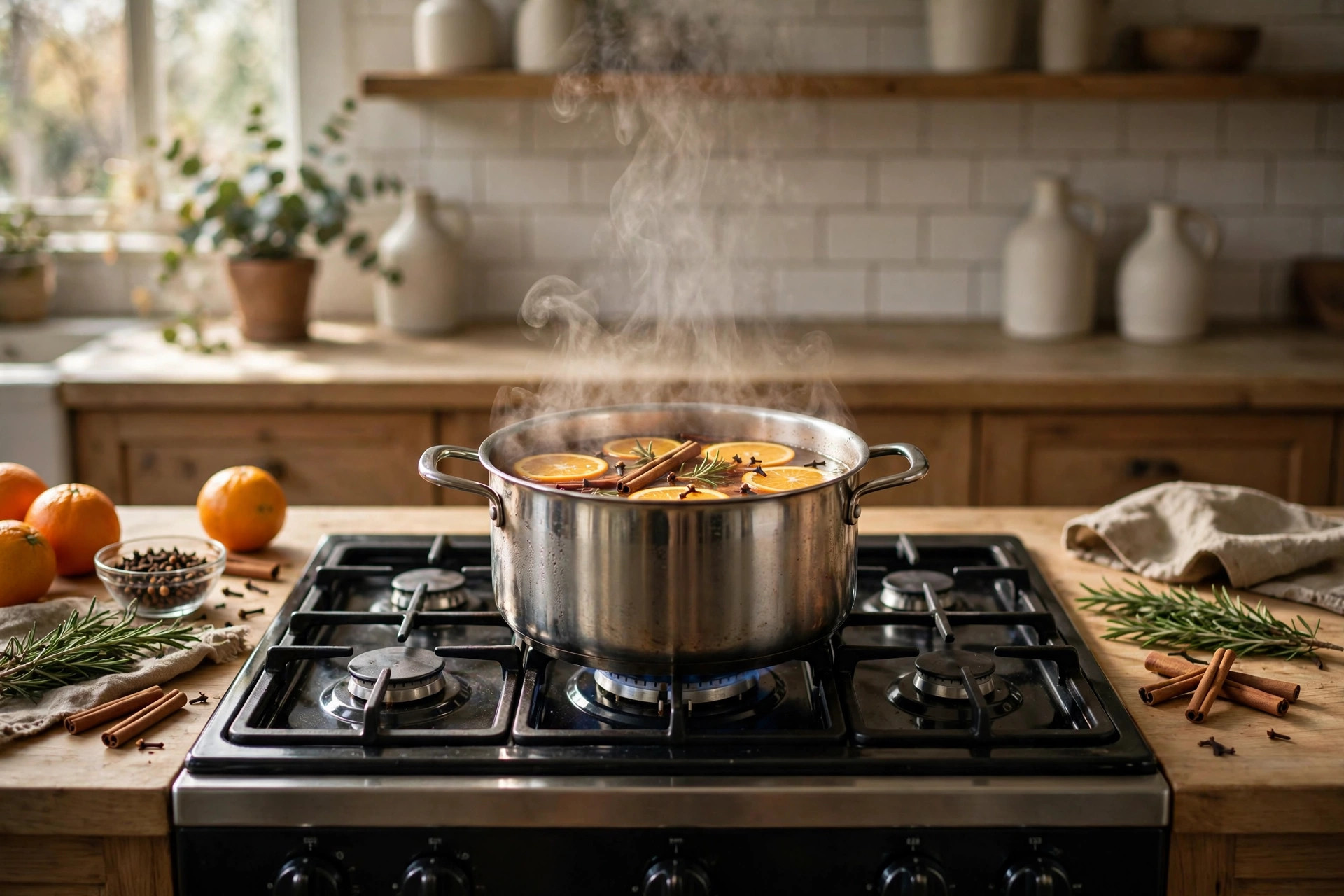 Photorealistic kitchen stove with simmer pot of orange slices, cinnamon sticks, cloves and rosemary steaming gently, wide horizontal composition, no text or words in the image.