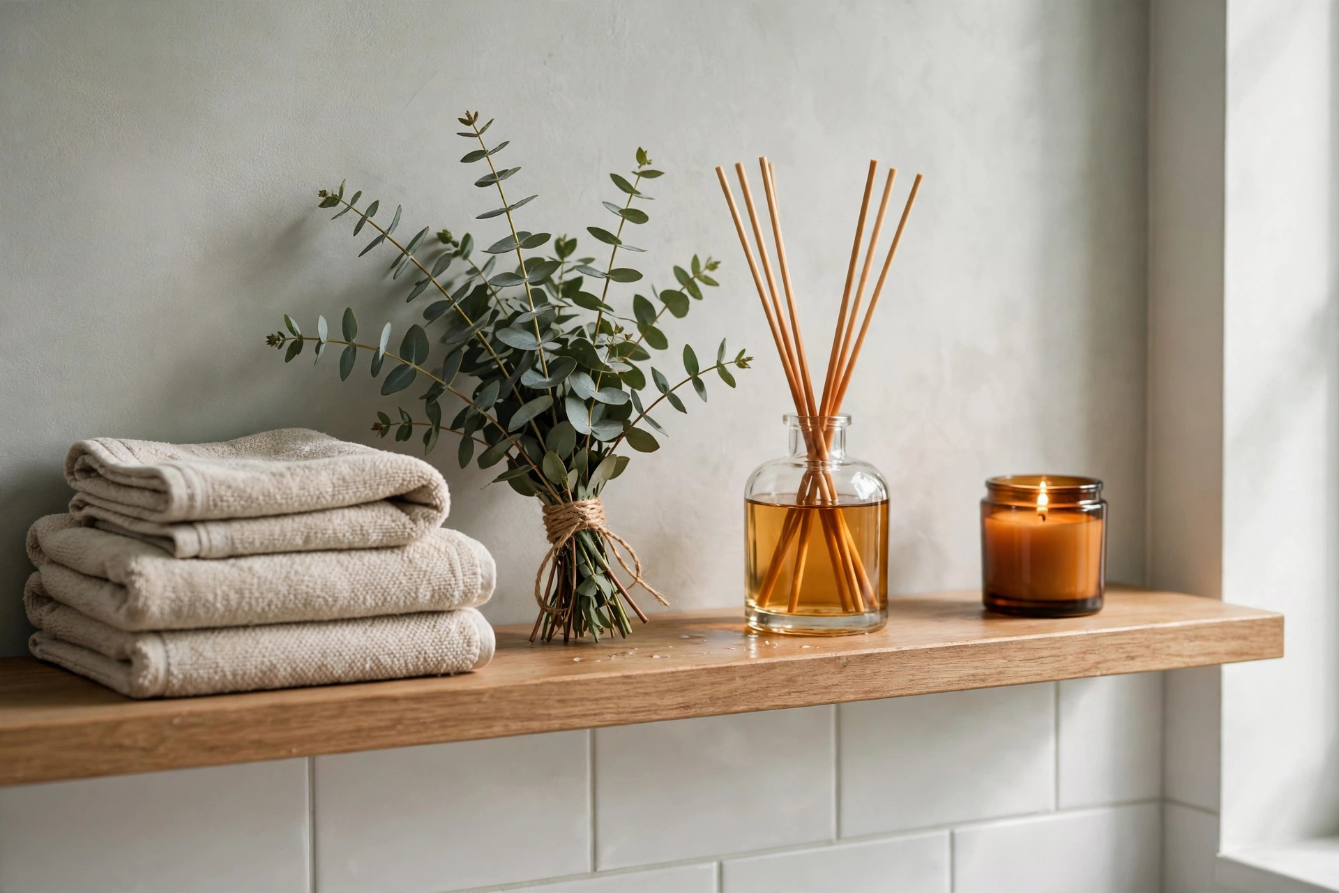 Photorealistic bathroom shelf with reed diffuser, folded towels, eucalyptus bundle and small amber candle, wide horizontal composition, no text or words in the image.
