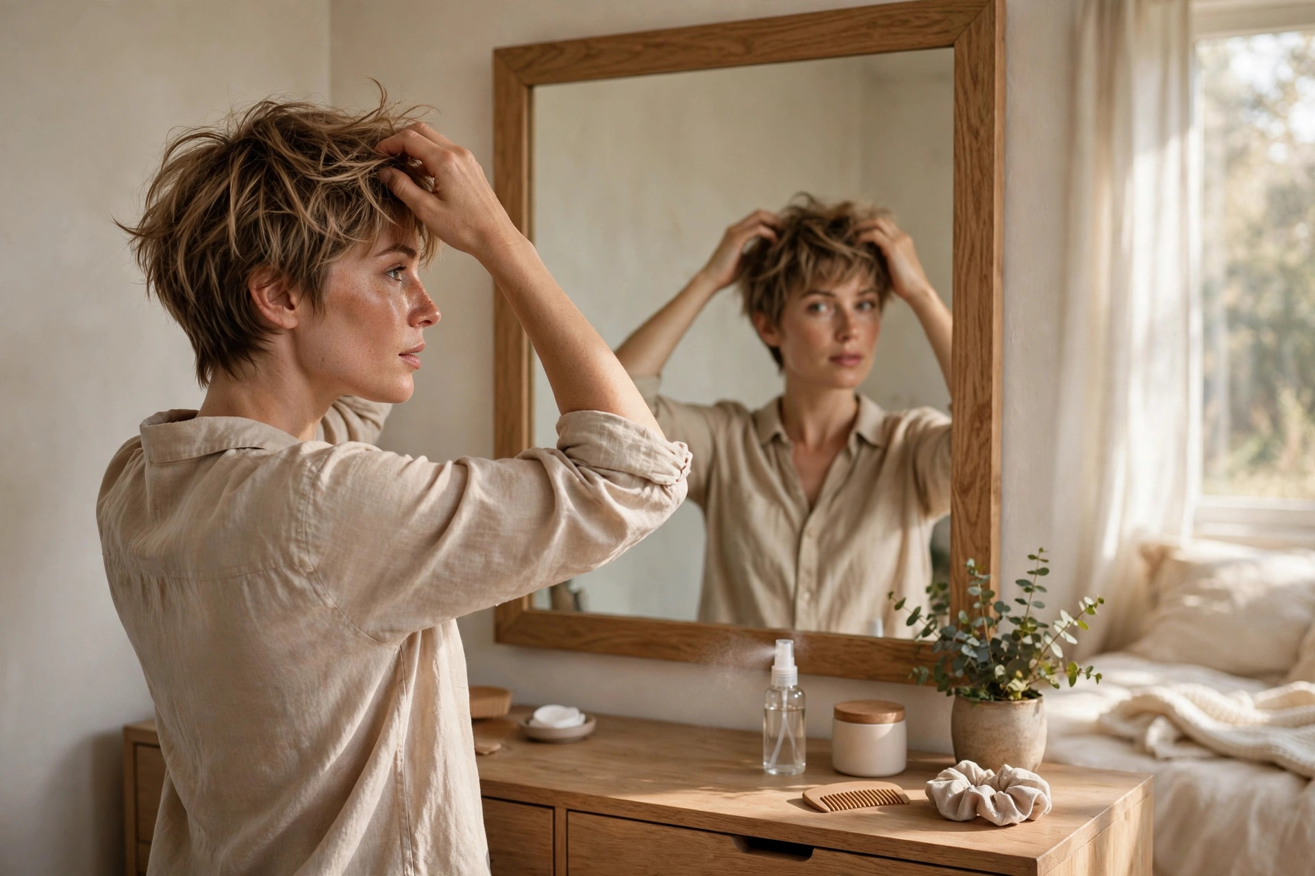 Photorealistic woman with a tousled feminine pixie cut styling her hair with her fingers in front of a bedroom mirror, morning light, minimal styling products on the dresser, wide horizontal 3:2 composition, no text or words in the image.