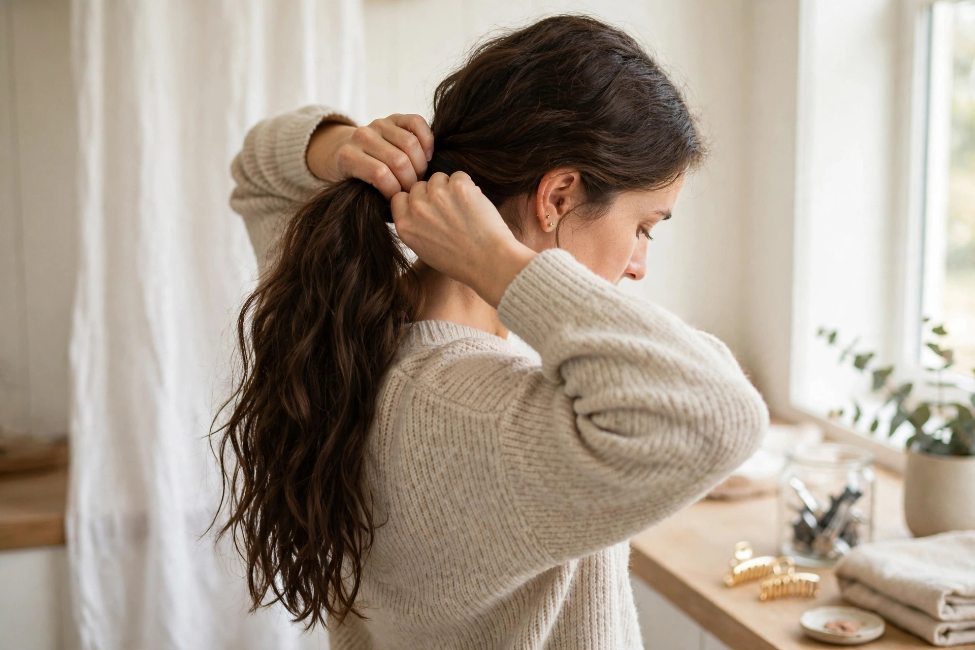 Woman gathering her long hair into a low ponytail as the first step of creating a French twist updo, wide horizontal 3:2 composition, no text or words in the image