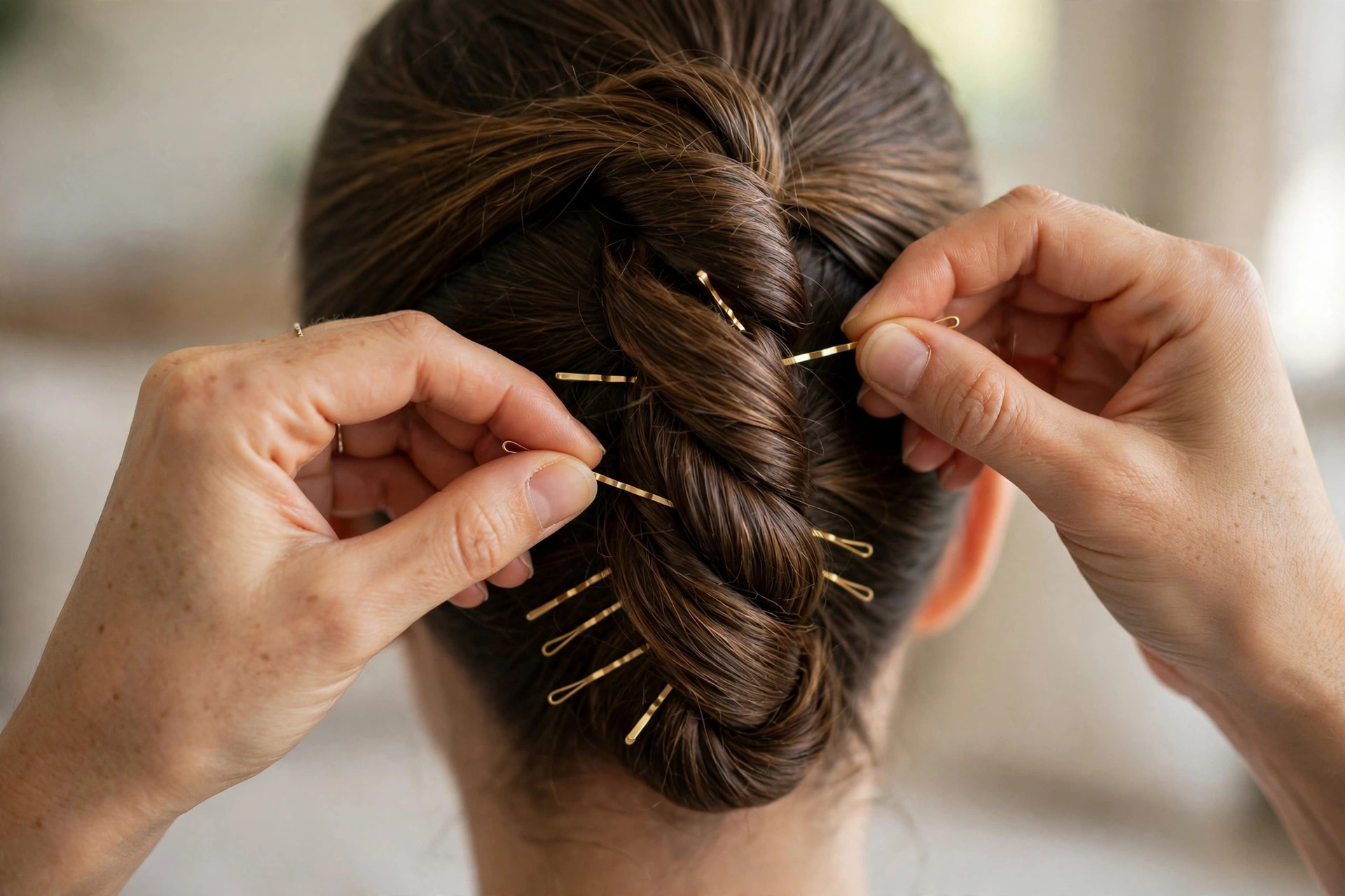 Close-up of hands securing a finished French twist updo with bobby pins at the back of the head, wide horizontal 3:2 composition, no text or words in the image