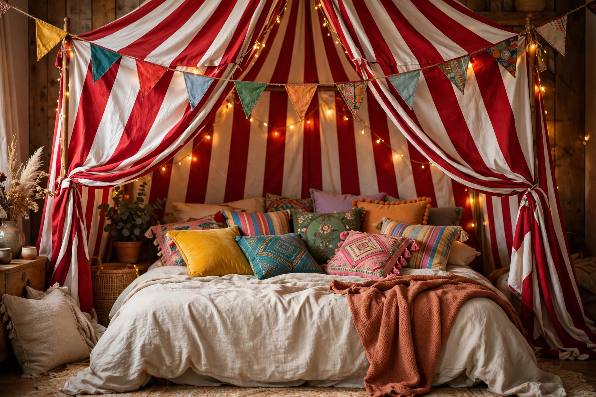 Striped red and white circus canopy draped over a bed with colourful cushions, bunting and warm fairy lights